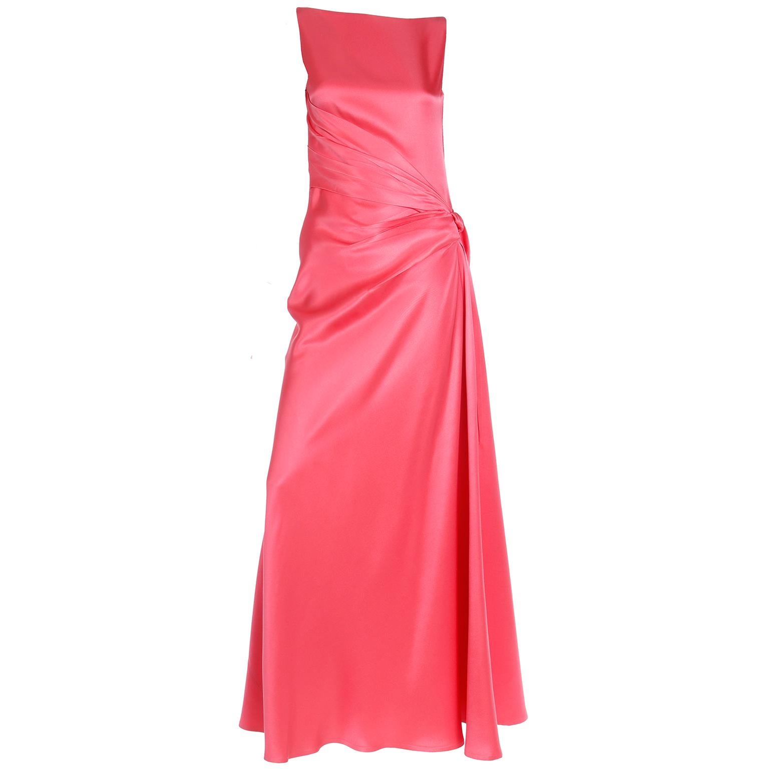 1990s Bill Blass Vintage Salmon Pink Dress Silk Draped Sleeveless Evening Gown For Sale 7