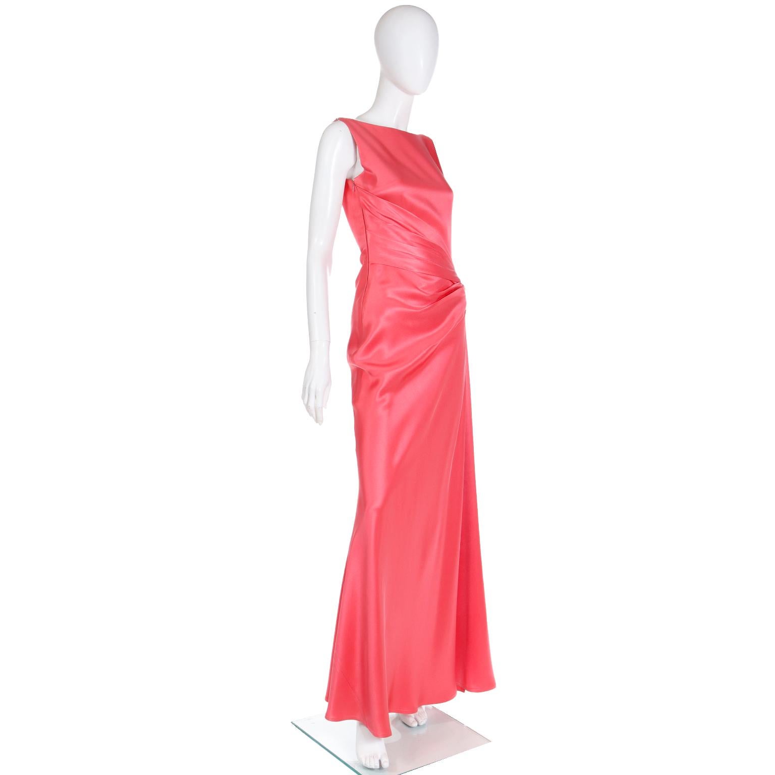 1990s Bill Blass Vintage Salmon Pink Dress Silk Draped Sleeveless Evening Gown In Excellent Condition For Sale In Portland, OR
