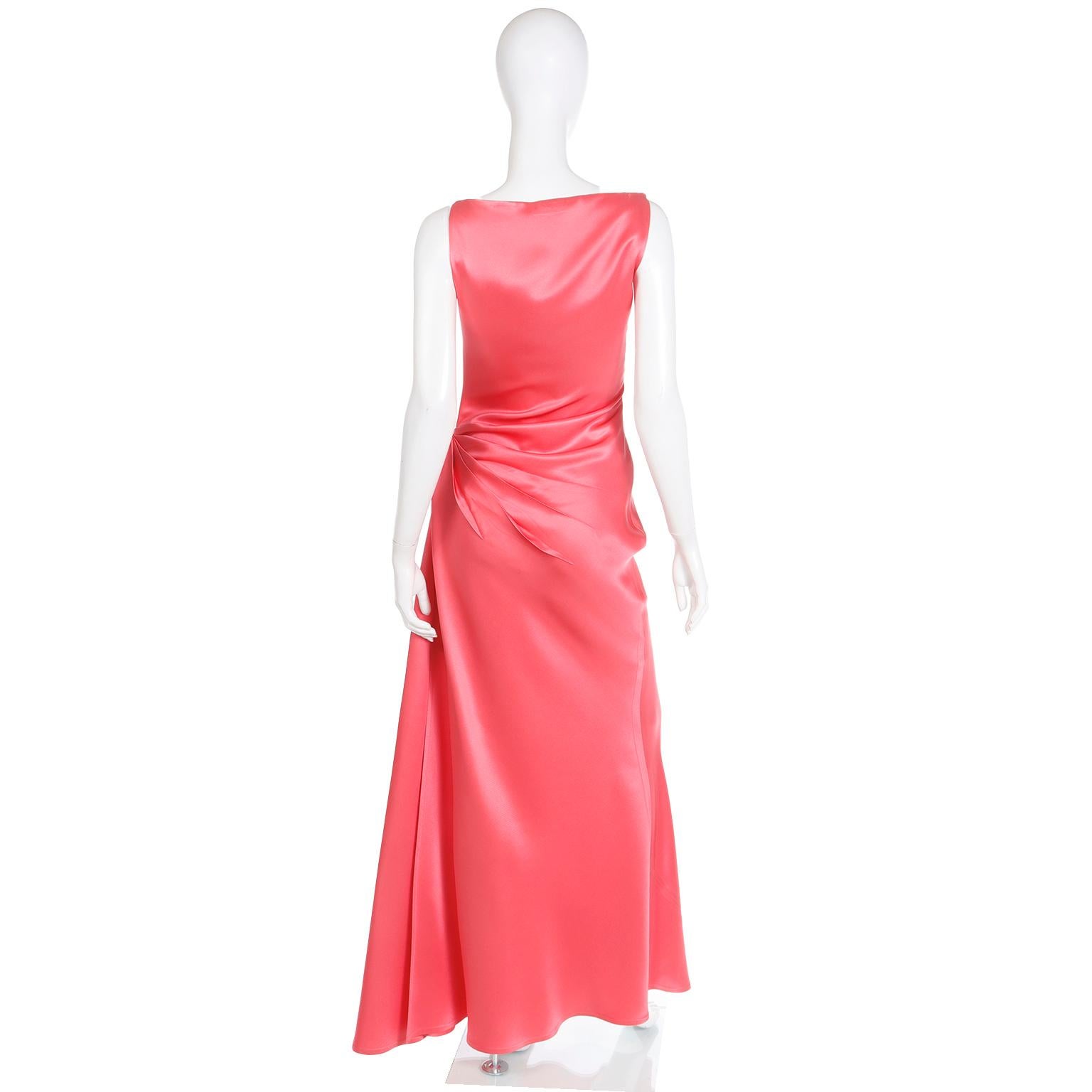 1990s Bill Blass Vintage Salmon Pink Dress Silk Draped Sleeveless Evening Gown For Sale 1