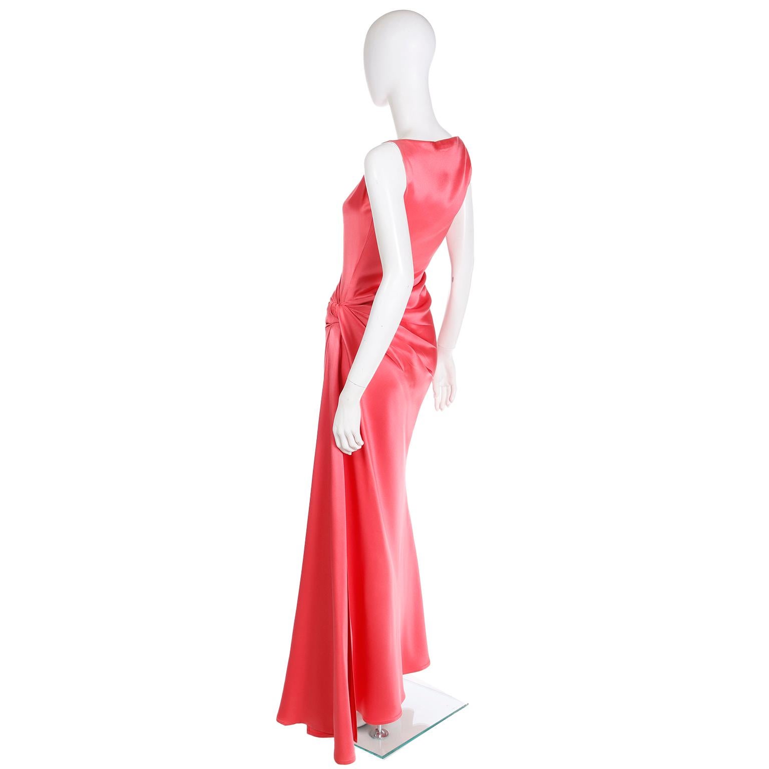 1990s Bill Blass Vintage Salmon Pink Dress Silk Draped Sleeveless Evening Gown For Sale 2