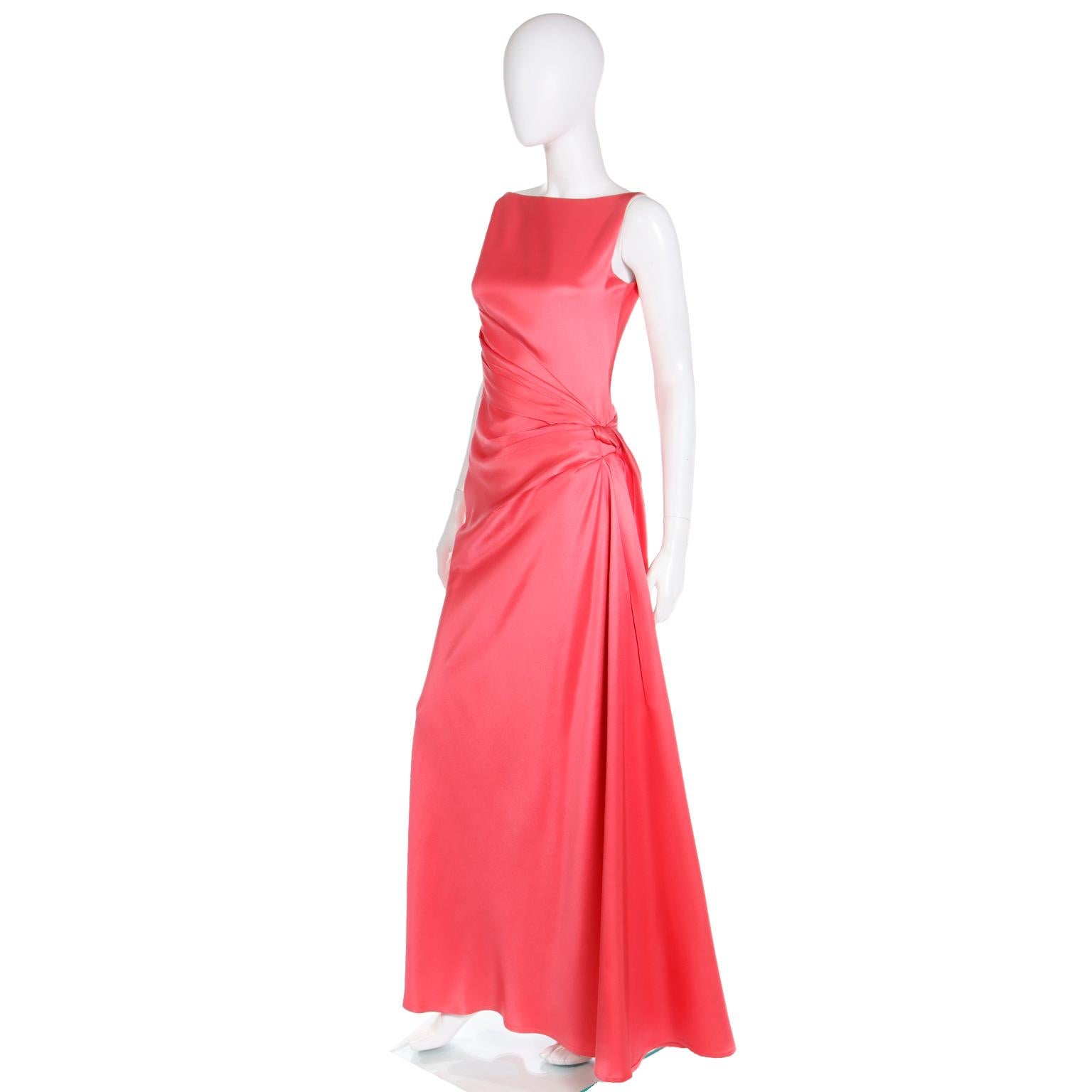 1990s Bill Blass Vintage Salmon Pink Dress Silk Draped Sleeveless Evening Gown For Sale 3