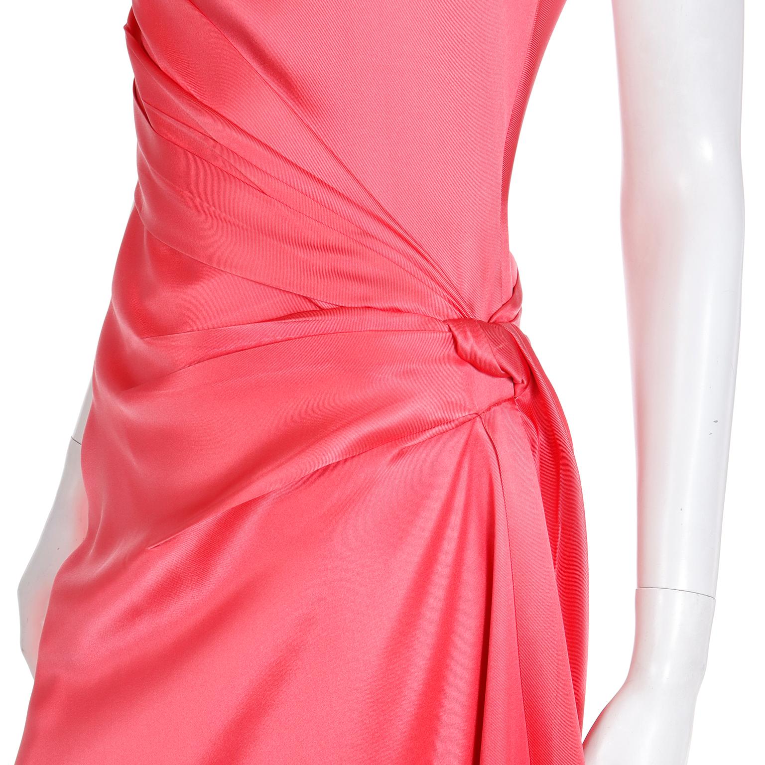 1990s Bill Blass Vintage Salmon Pink Dress Silk Draped Sleeveless Evening Gown For Sale 5