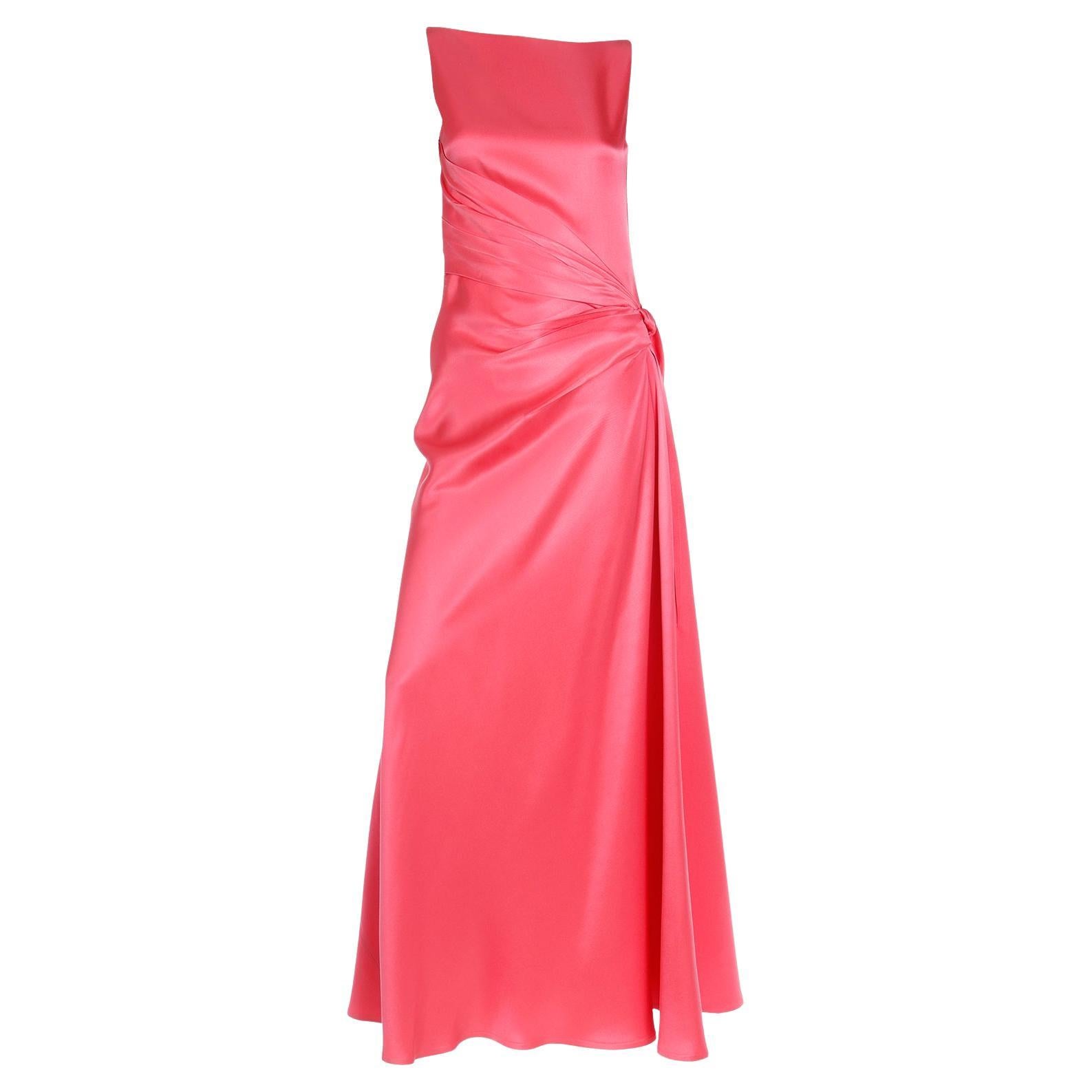 1990s Bill Blass Vintage Salmon Pink Dress Silk Draped Sleeveless Evening Gown For Sale