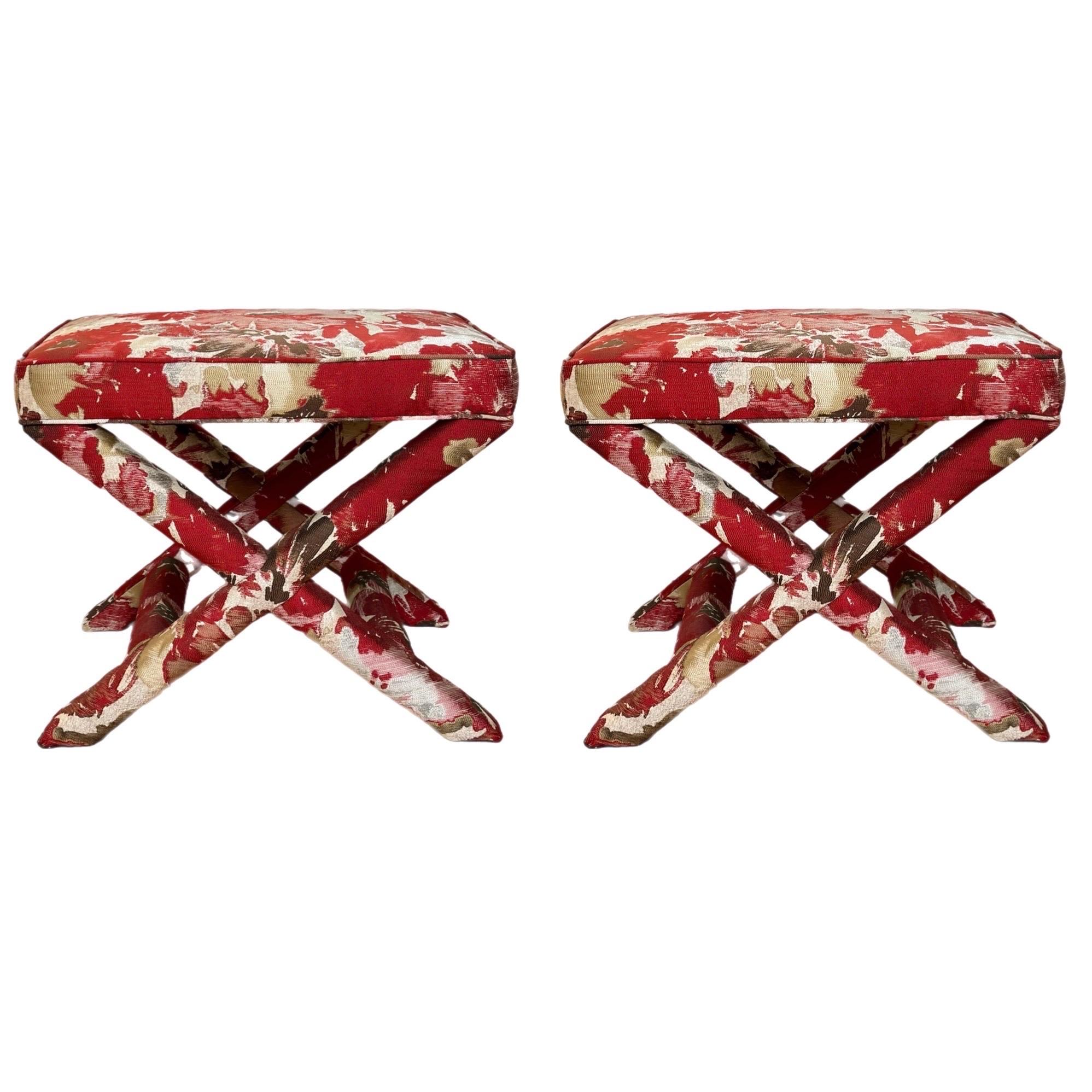 1990s Billy Baldwin X Style Upholstering Red Benches Ottomans- a Pair en venta