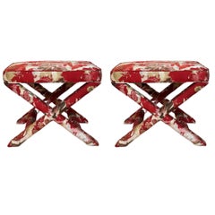 1990s Billy Baldwin X Style Upholstering Red Benches Ottomans- a Pair