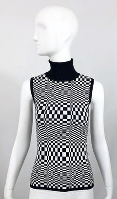 1990s Black and White Op Art 3 - D Print Sleeveless Vintage Knit Turtleneck Top