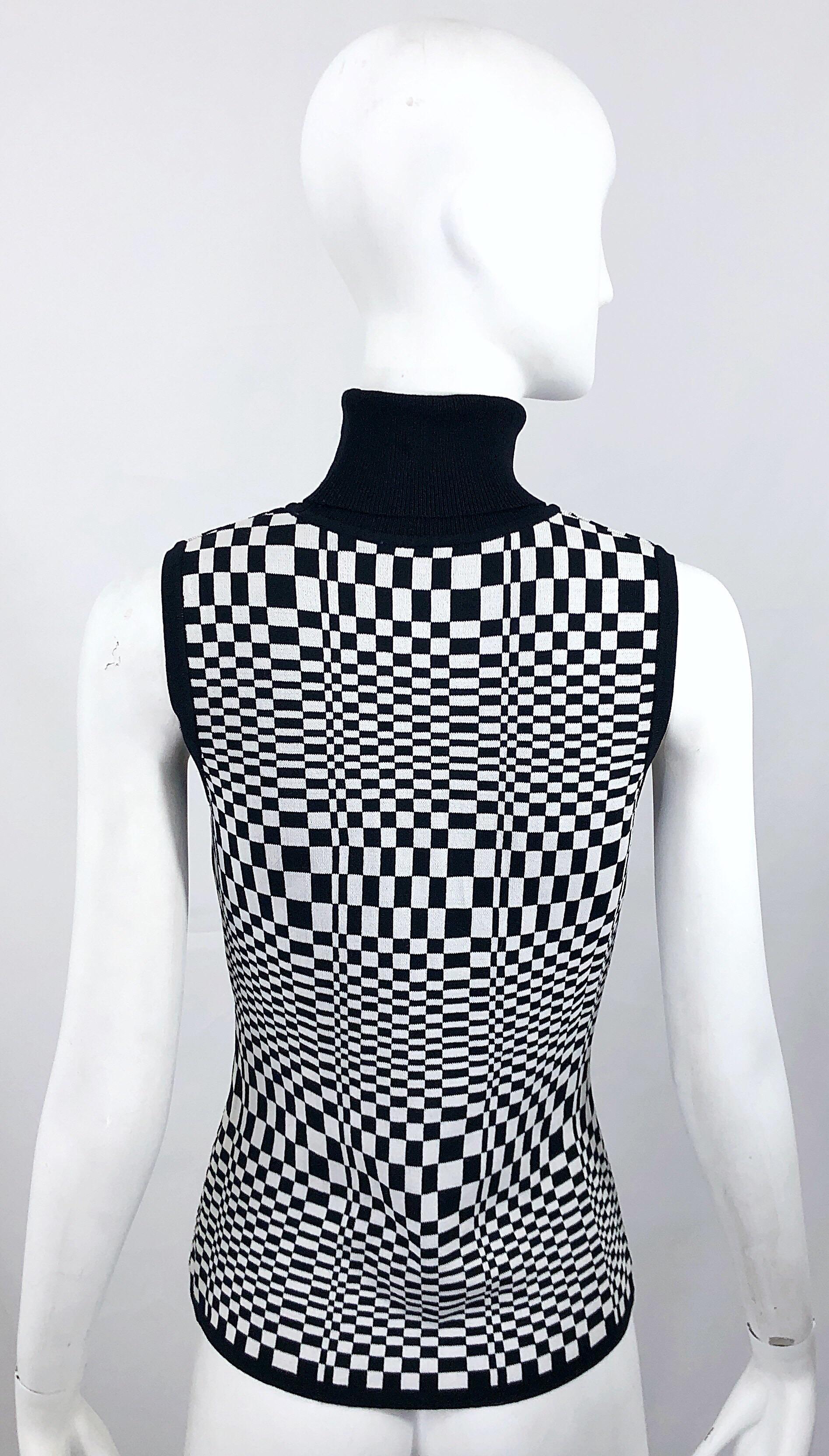 1990er Schwarzweißes ärmelloses Vintage-Rollkragenpullover-Top mit Op Art 3 - D-Druck im Zustand „Hervorragend“ im Angebot in San Diego, CA