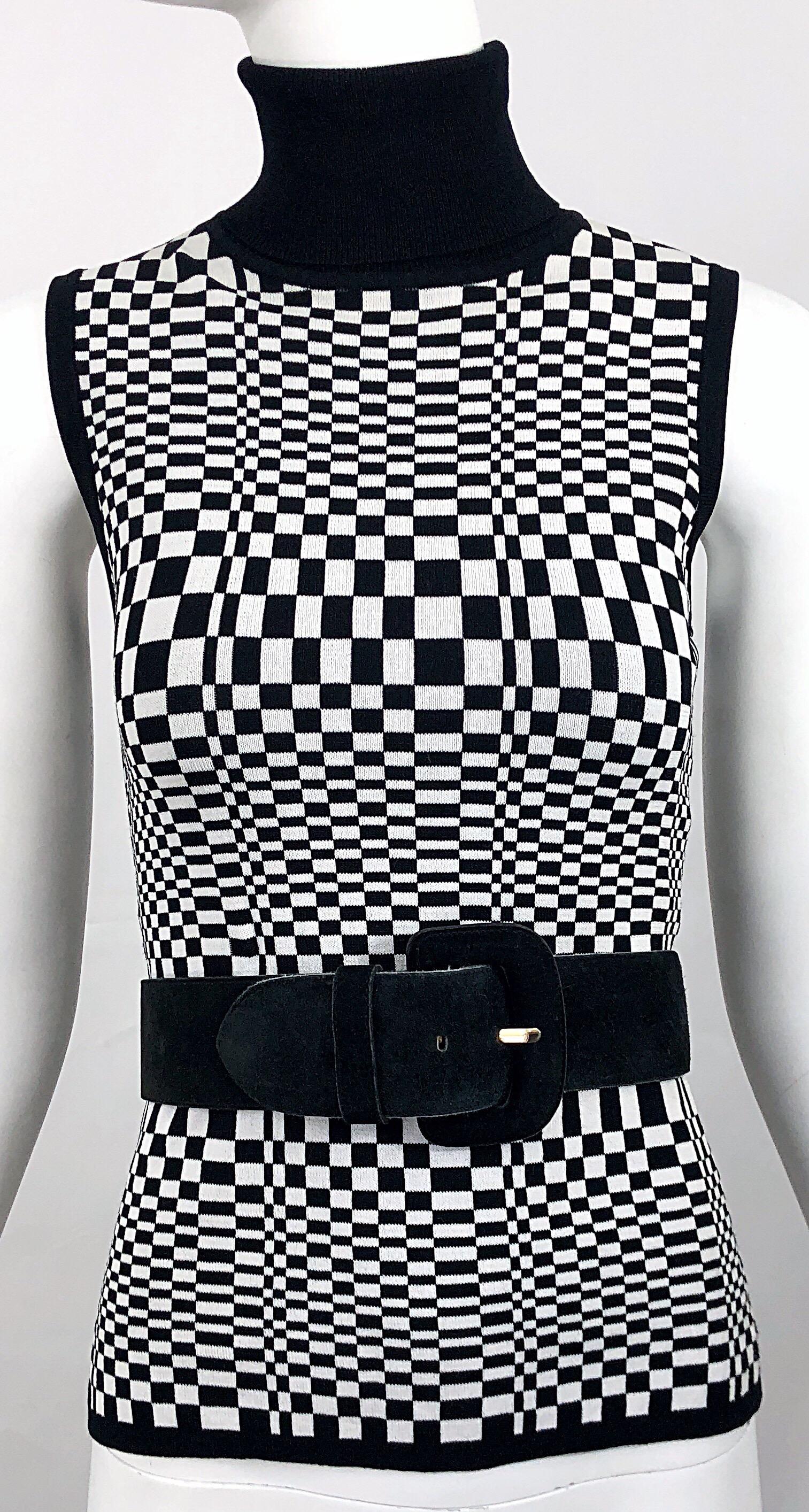 1990er Schwarzweißes ärmelloses Vintage-Rollkragenpullover-Top mit Op Art 3 - D-Druck Damen im Angebot