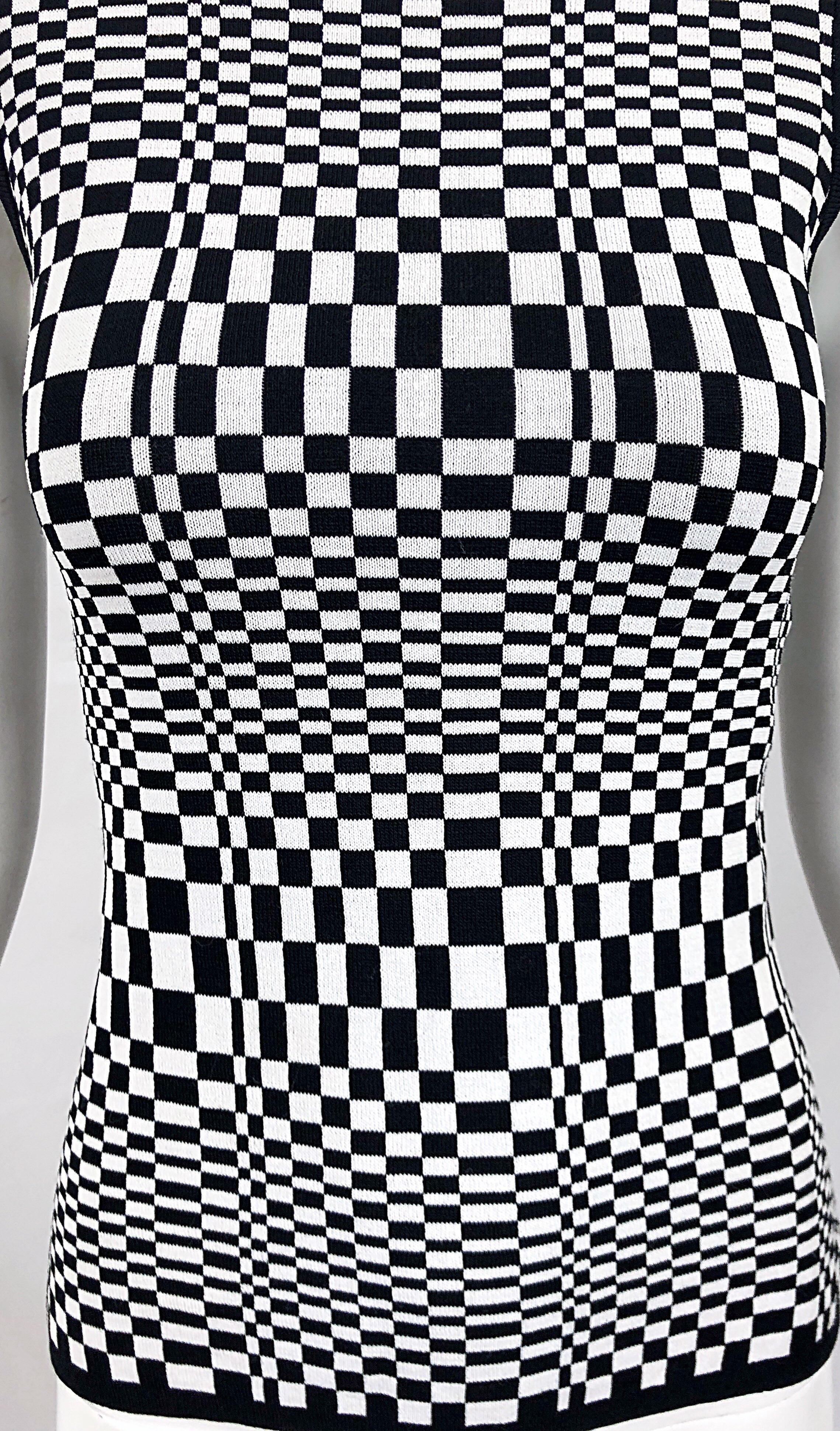 Women's 1990s Black and White Op Art 3 - D Print Sleeveless Vintage Knit Turtleneck Top For Sale