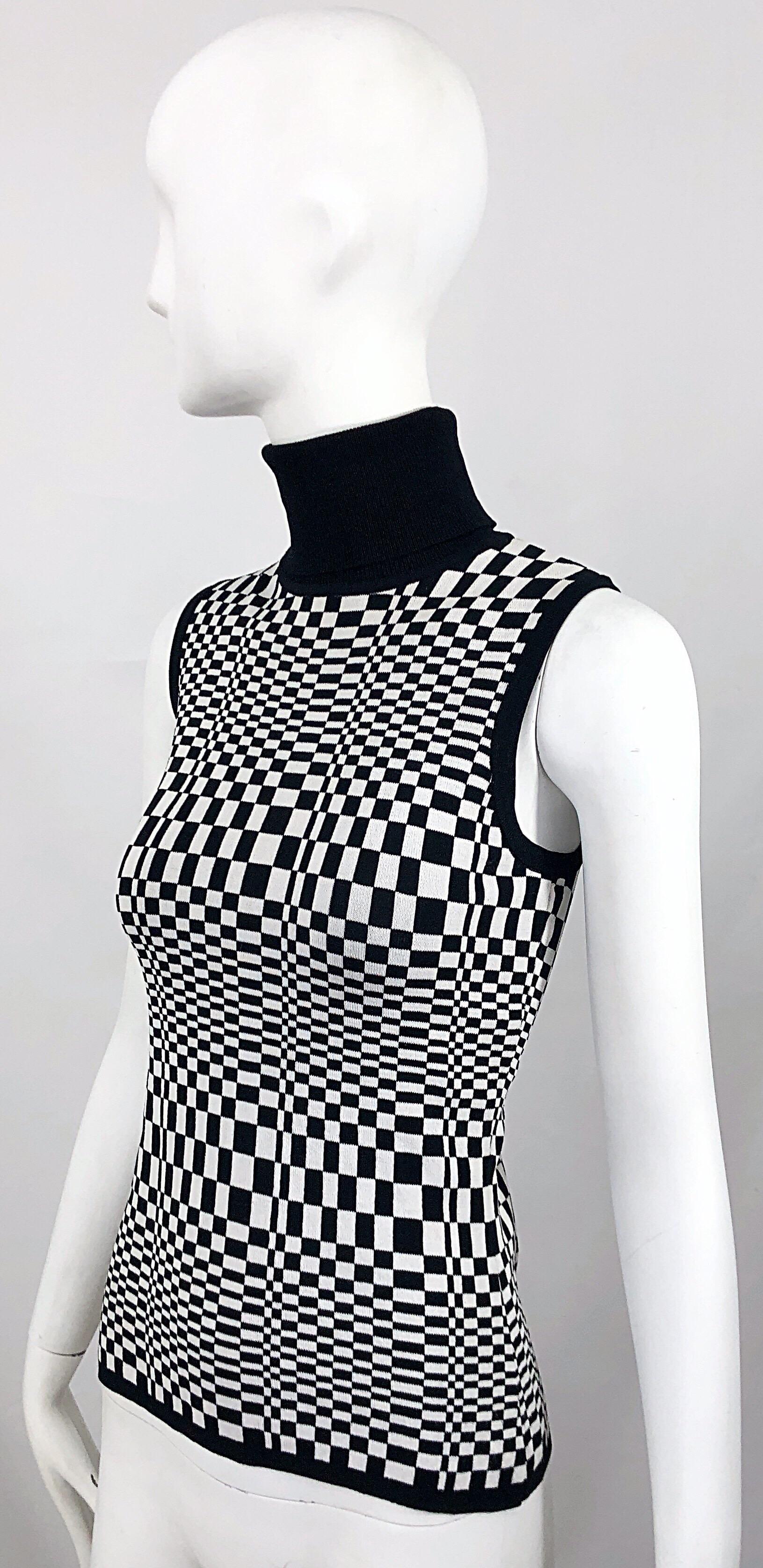 1990s Black and White Op Art 3 - D Print Sleeveless Vintage Knit Turtleneck Top For Sale 1