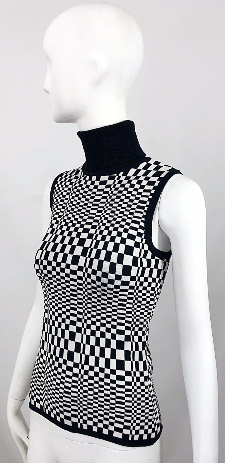 1990s Black and White Op Art 3 - D Print Sleeveless Vintage Knit Turtleneck Top For Sale 2