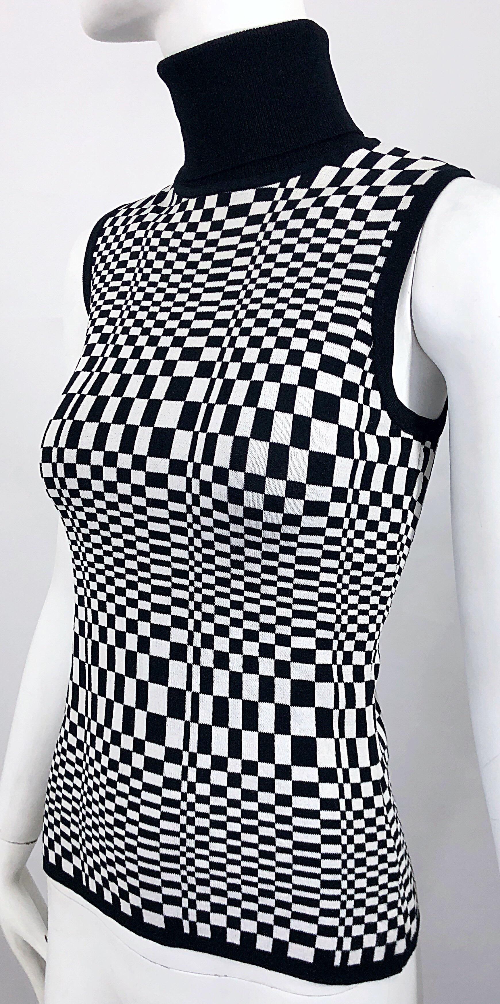 1990s Black and White Op Art 3 - D Print Sleeveless Vintage Knit Turtleneck Top For Sale 3