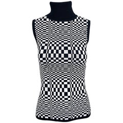 1990s Black and White Op Art 3 - D Print Sleeveless Vintage Knit Turtleneck Top