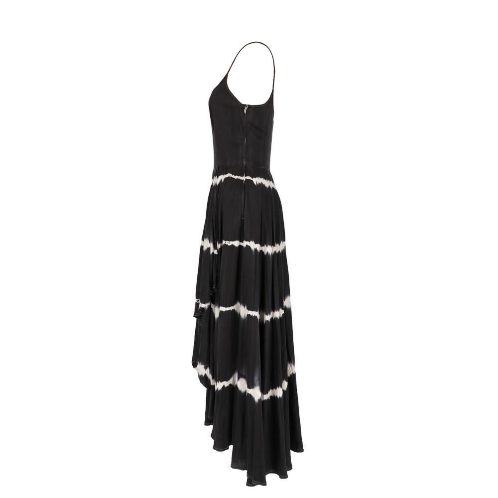Ozbek black silk sleeveless dress with white tie-dye motif. Wide neckline, thin shoulder straps, side zip closure, voluminous and asymmetrical skirt.

Years: 90s
Made in Italy

Size: 38 IT

Flat measurements 
Height: 126 cm
Bust: 37 cm
Waist: 31 cm
