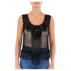 Vintage 1990S Black Beaded Crochet Top With Fringe