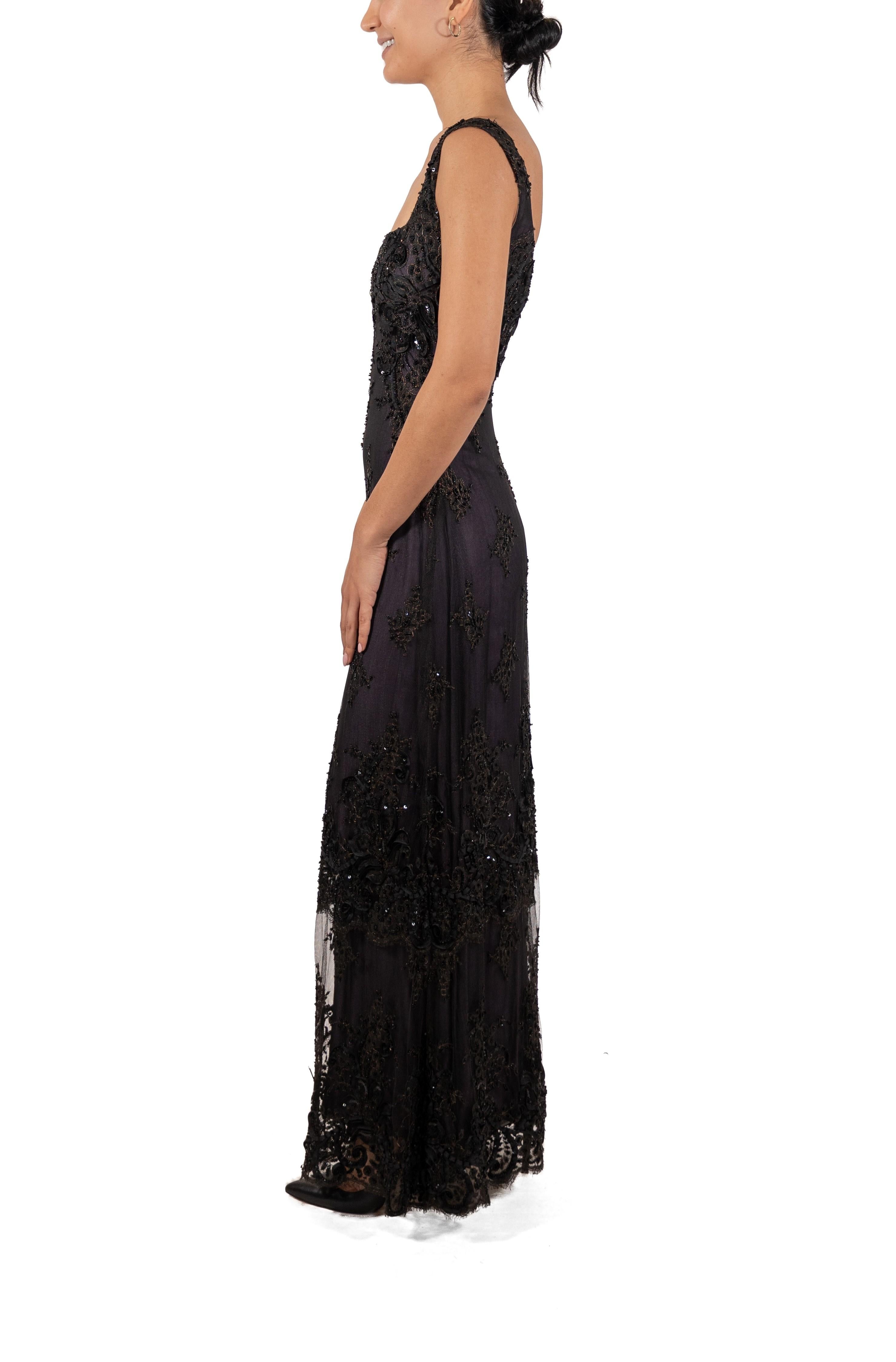 1990S Black Beaded Silk Blend Chantilly Lace Gown With Purple Underlayer In Good Condition For Sale In New York, NY