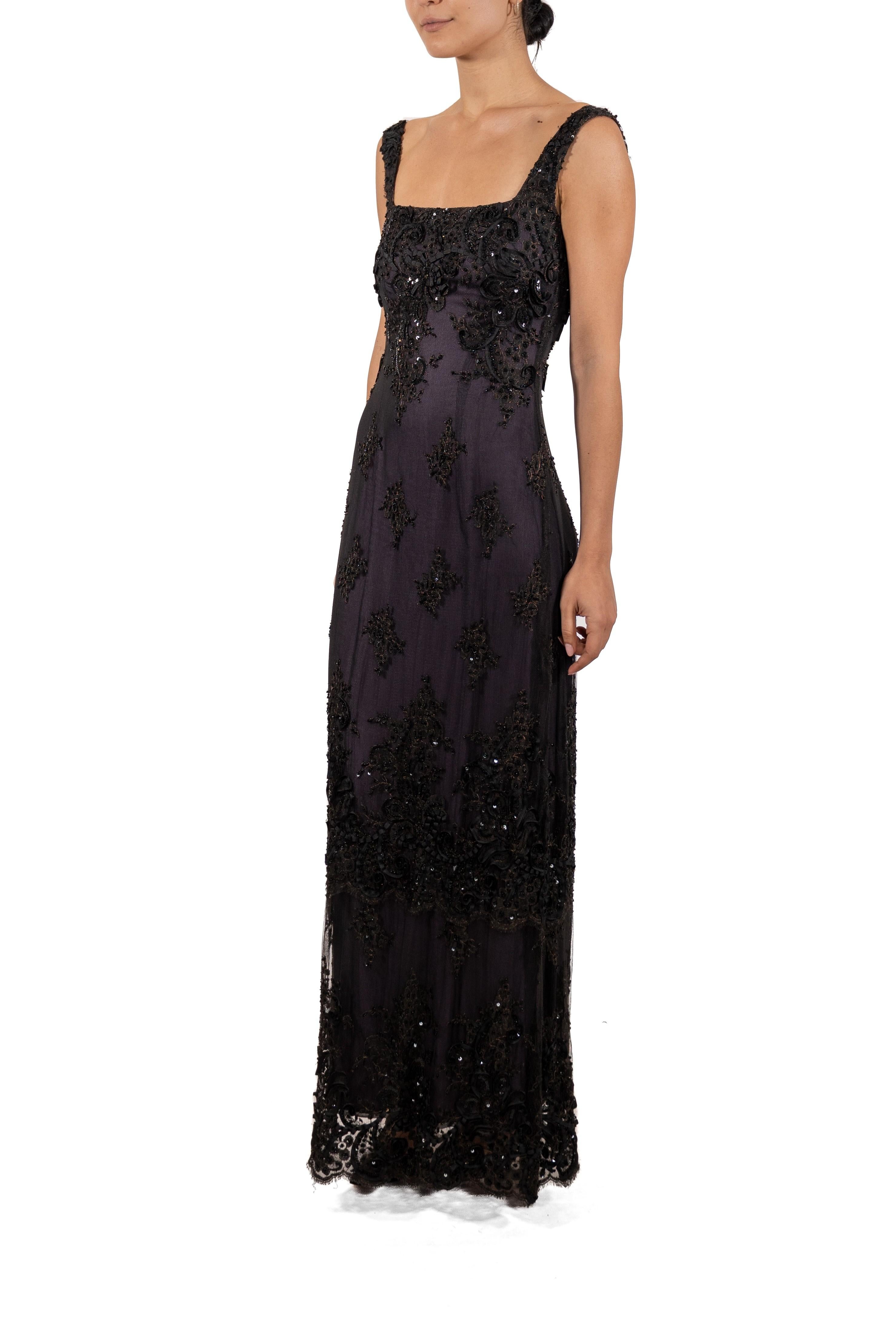 Women's 1990S Black Beaded Silk Blend Chantilly Lace Gown With Purple Underlayer For Sale