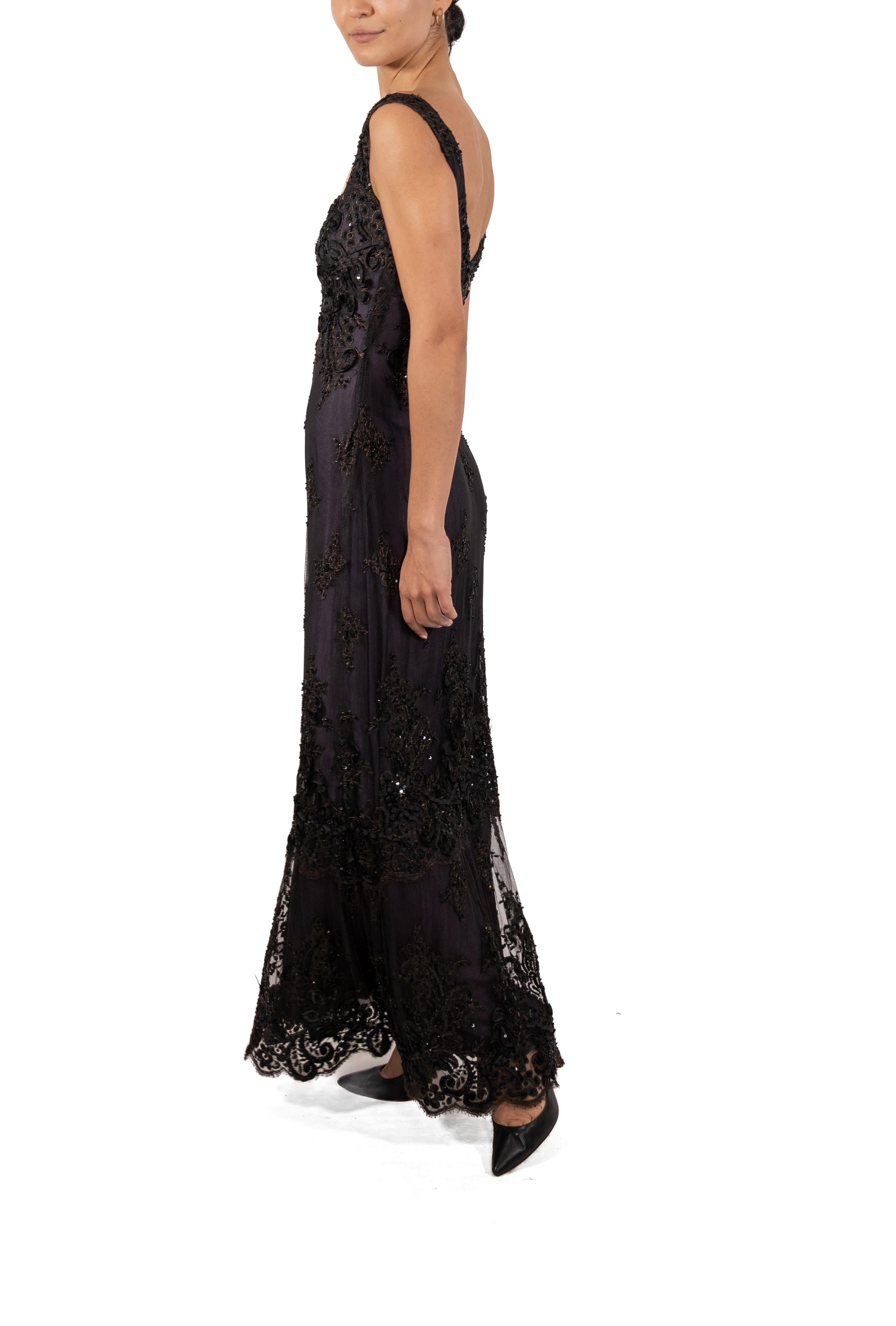 1990S Black Beaded Silk Blend Chantilly Lace Gown With Purple Underlayer For Sale 1