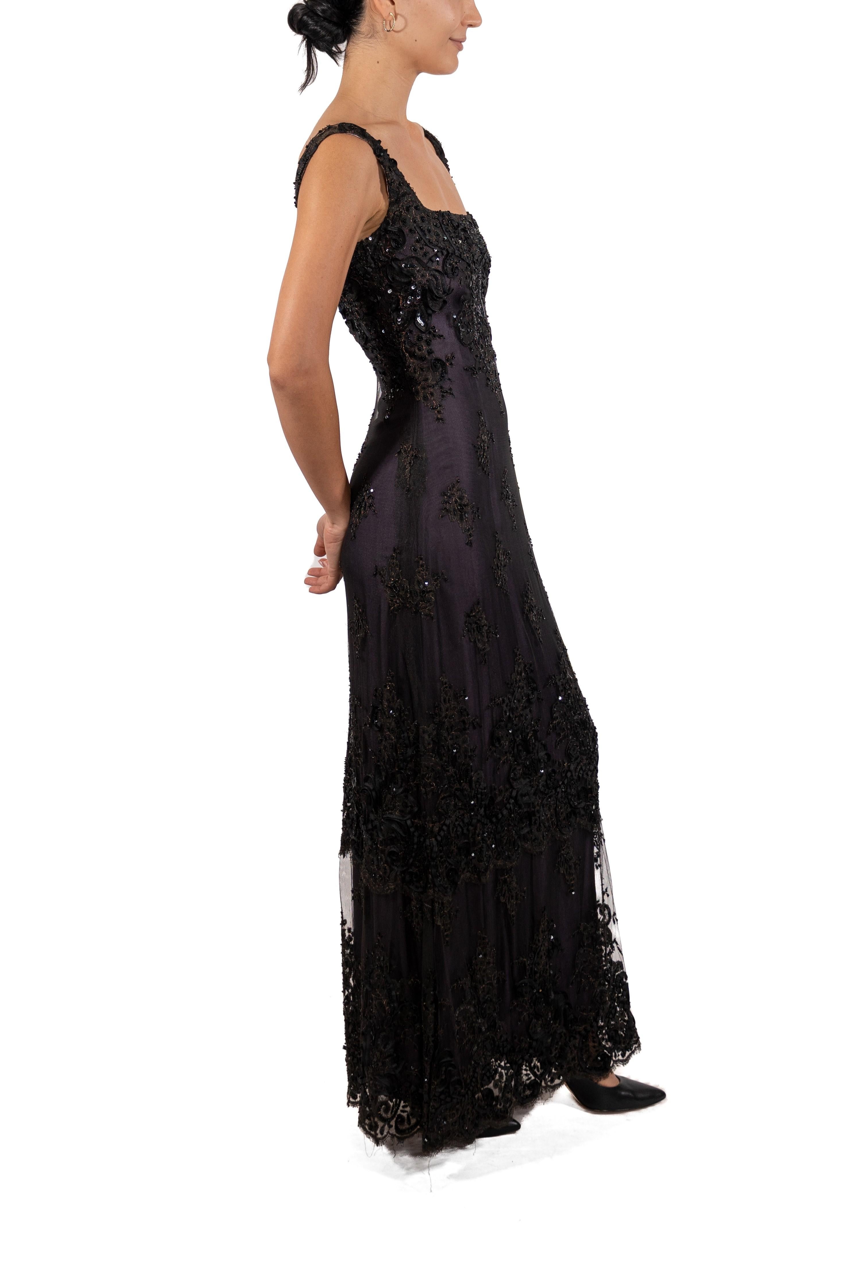 1990S Black Beaded Silk Blend Chantilly Lace Gown With Purple Underlayer For Sale 3