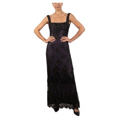 1990S Black Beaded Silk Blend Chantilly Lace Gown With Purple Underlayer