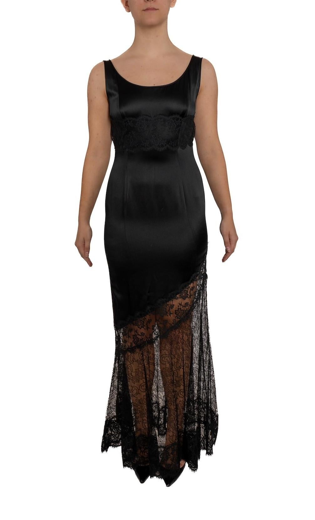 1990S Black Beaded Silk Chiffon & Chantilly Spider-Web Lace Gown With Shredded Fringe