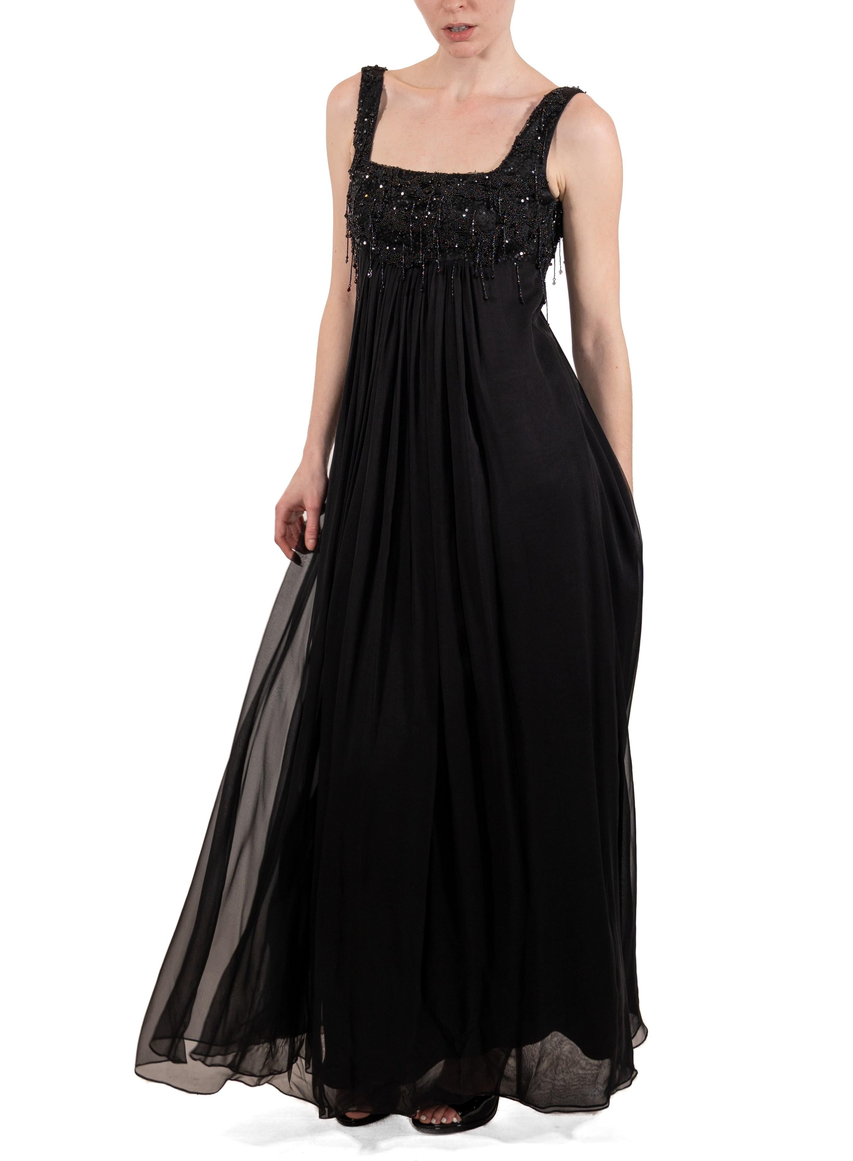 1990S Black Beaded Silk Chiffon Empire Waist  Gown In Good Condition For Sale In New York, NY