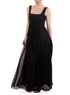 1990S Black Beaded Silk Chiffon Empire Waist  Gown