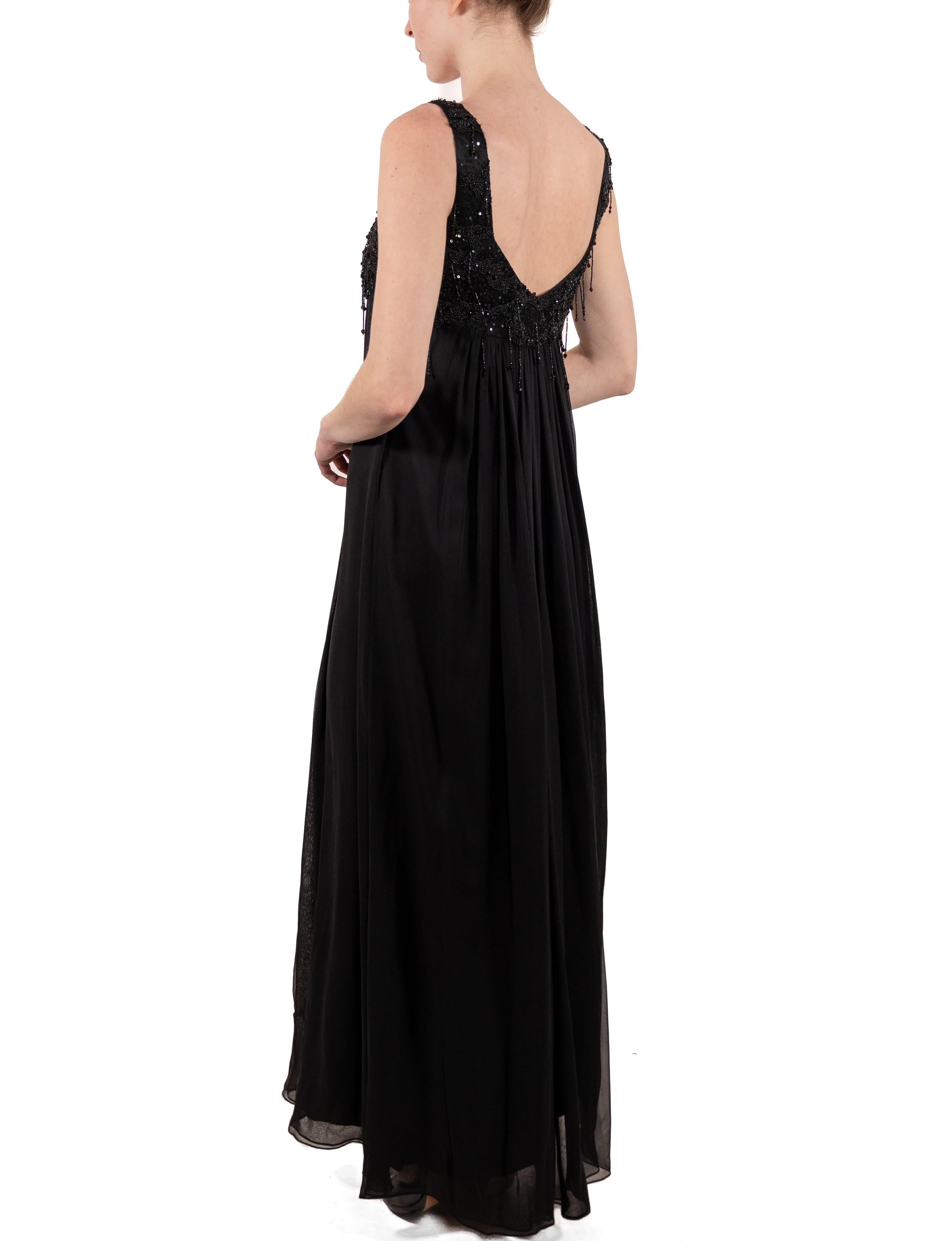 1990S Black Beaded Silk Chiffon Empire Waist  Gown For Sale 2