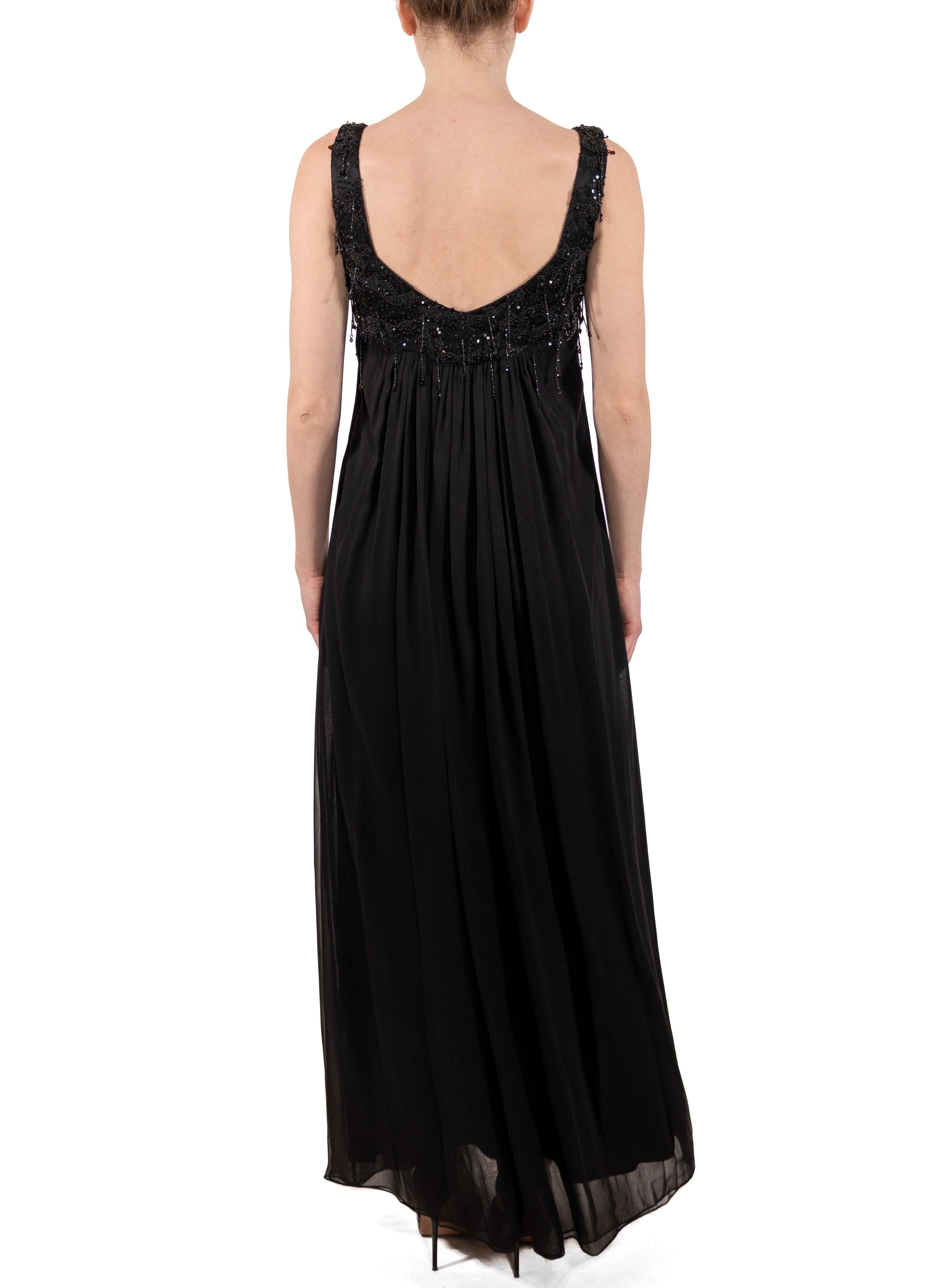 1990S Black Beaded Silk Chiffon Empire Waist  Gown For Sale 3