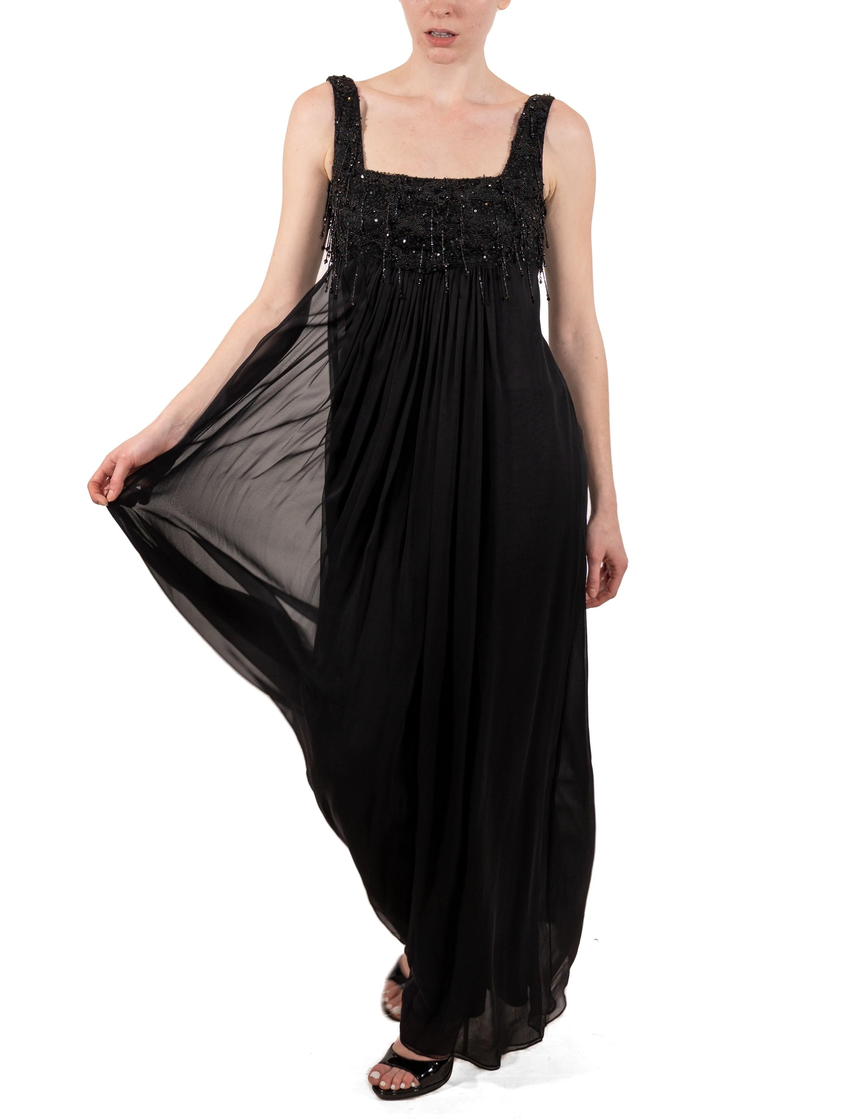 1990S Black Beaded Silk Chiffon Empire Waist  Gown For Sale 6