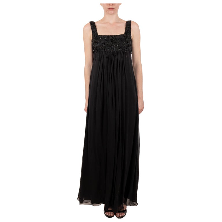 1990s Black Beaded Silk Chiffon Empire Waist Gown 1990s Black Beaded Silk Chiffon Empire Waist Gown