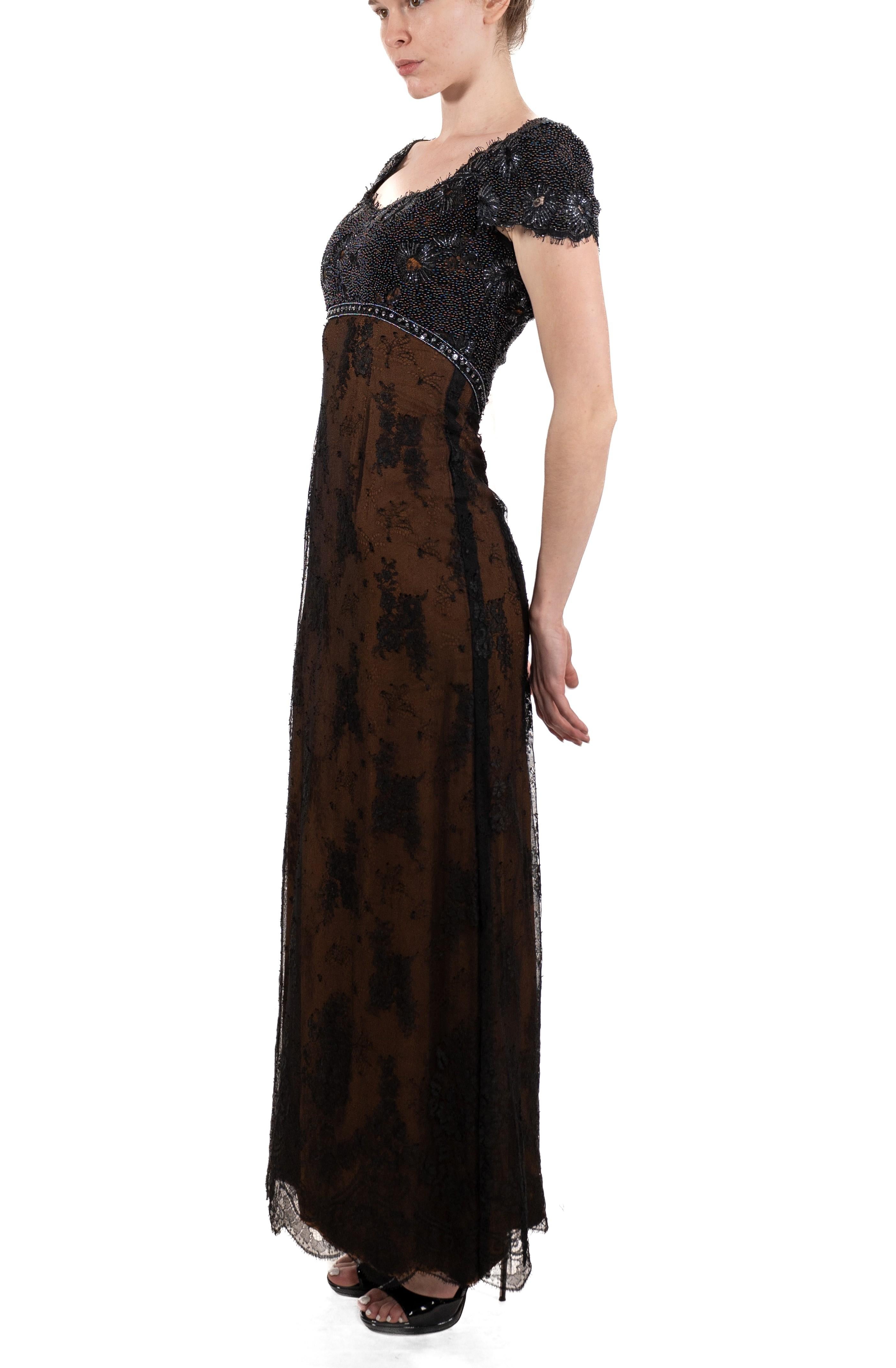 1990S Black Beaded Silk & Lace Edwardian Titanic Inspired Empire Waist Gown With Short Sleeves