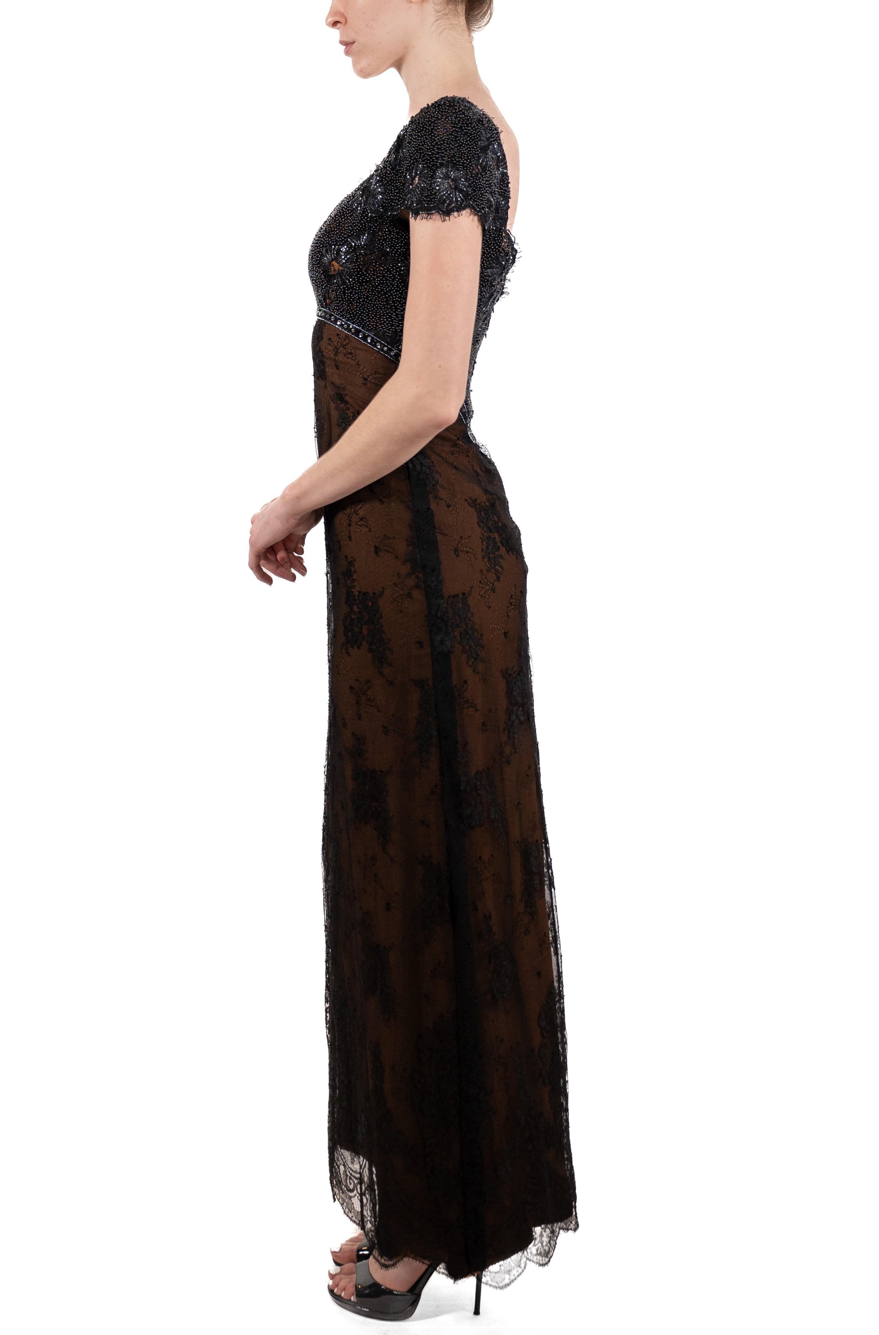 1990S Black Beaded Silk & Lace Edwardian Titanic Inspired Empire Waist Gown Wit In Good Condition For Sale In New York, NY