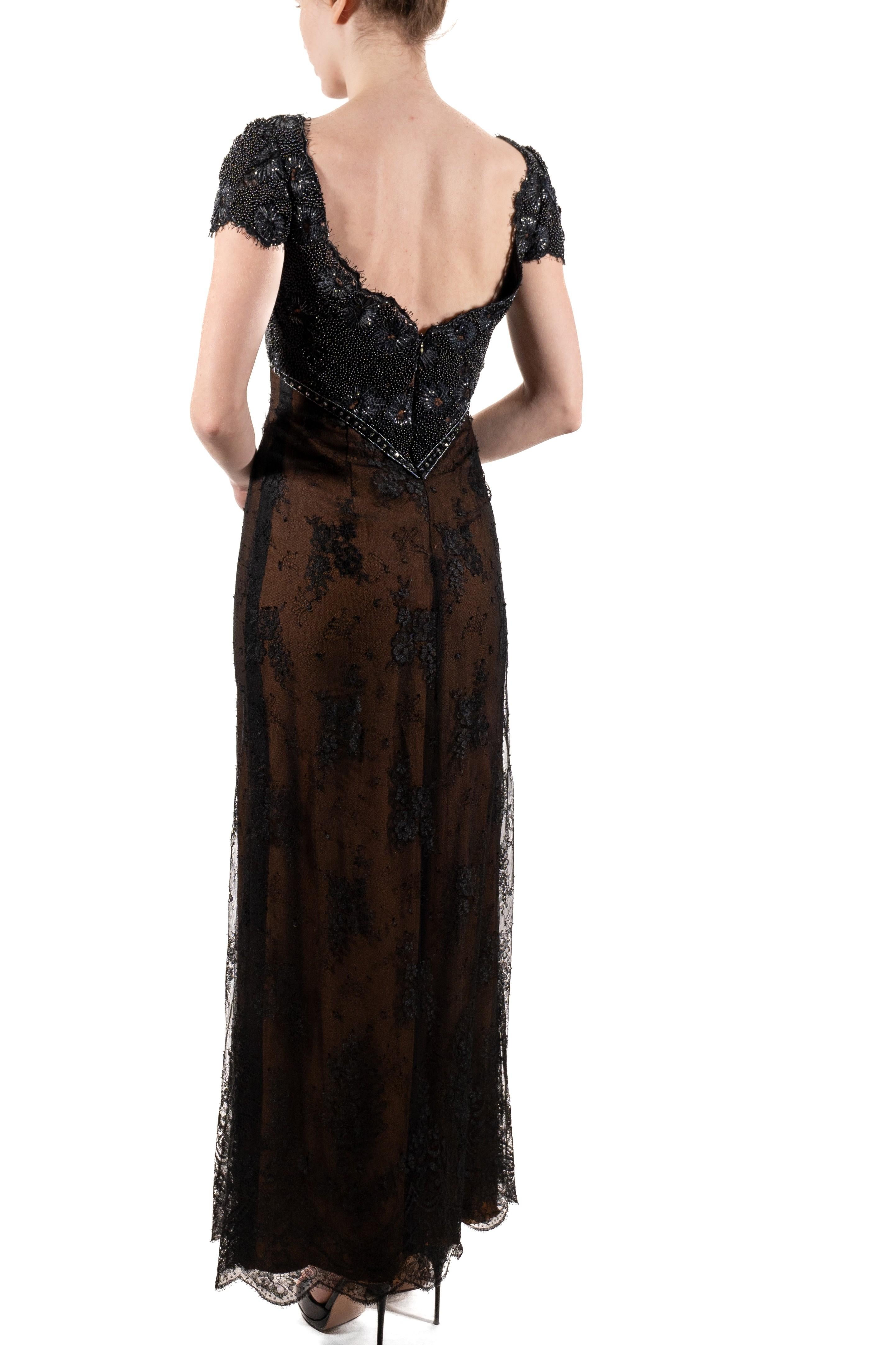 Women's 1990S Black Beaded Silk & Lace Edwardian Titanic Inspired Empire Waist Gown Wit For Sale