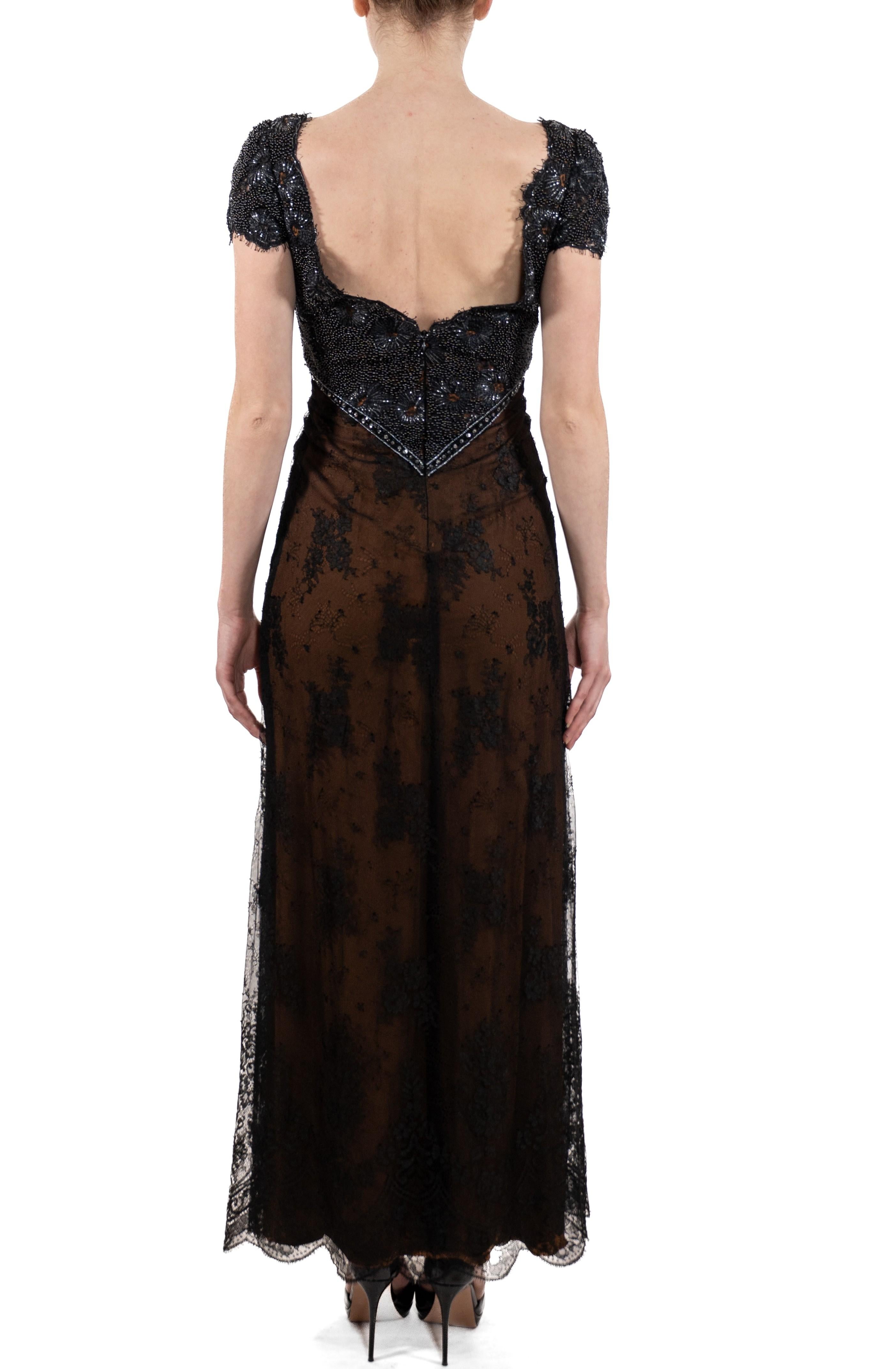 1990S Black Beaded Silk & Lace Edwardian Titanic Inspired Empire Waist Gown Wit For Sale 1