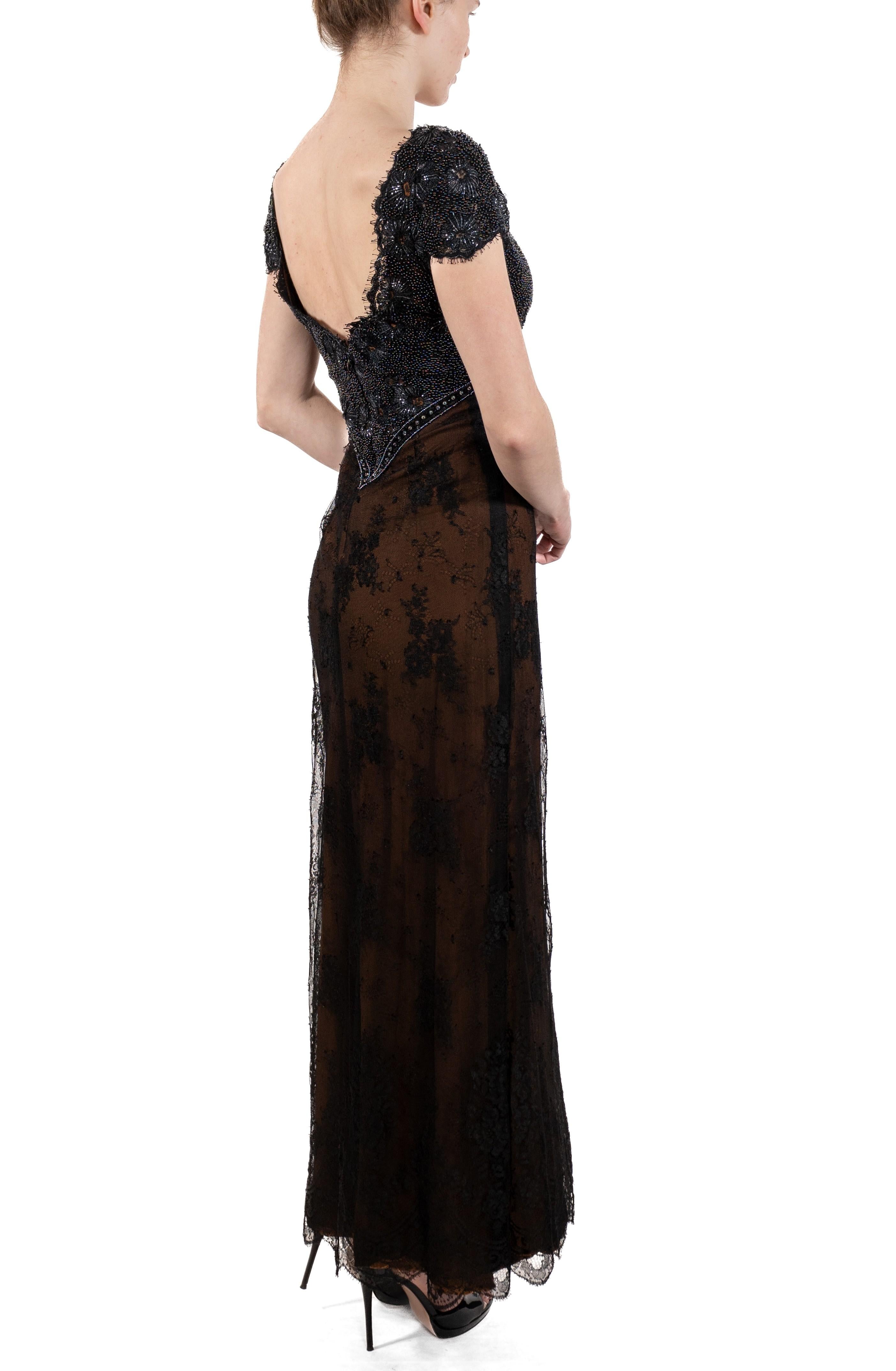 1990S Black Beaded Silk & Lace Edwardian Titanic Inspired Empire Waist Gown Wit For Sale 2