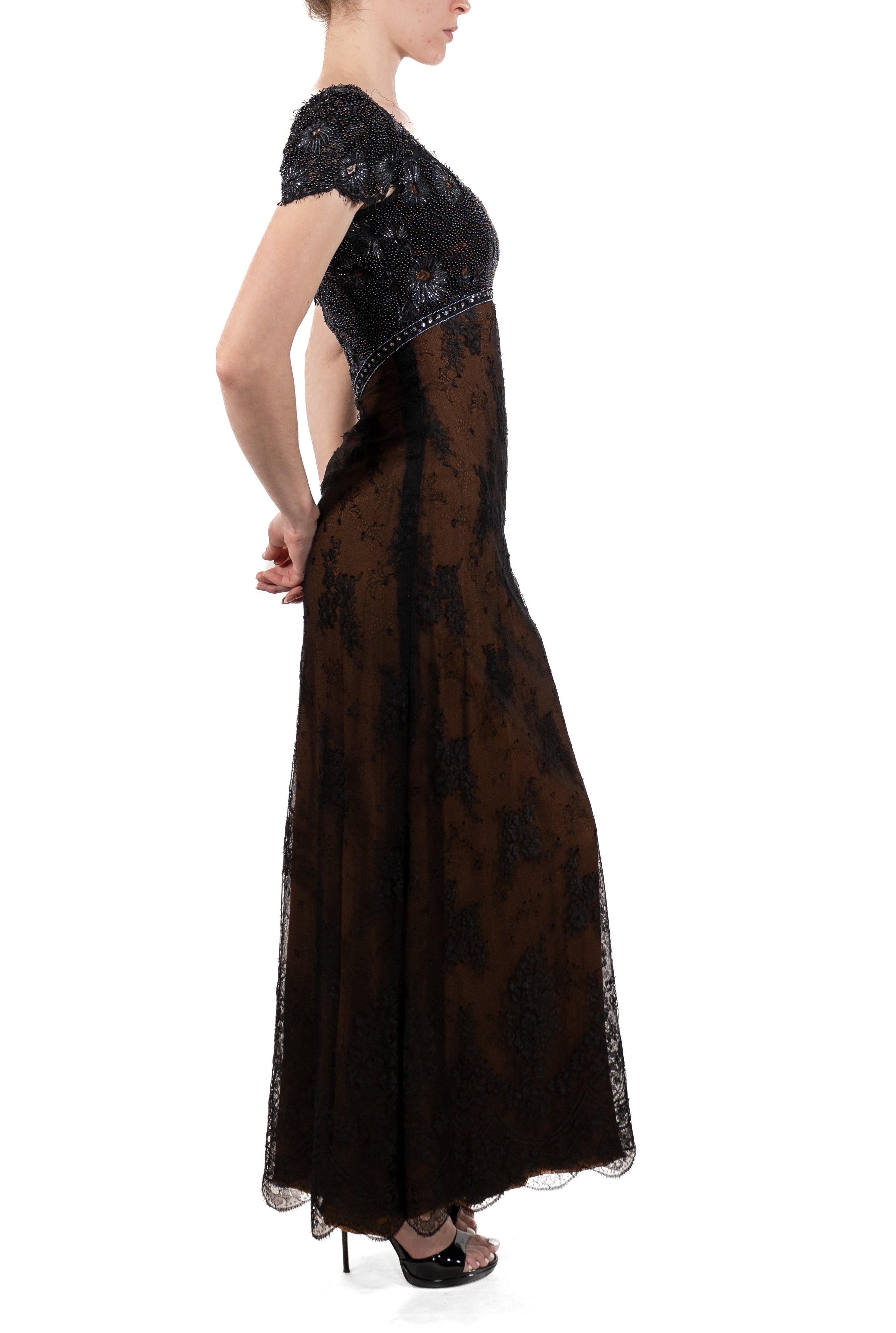 1990S Black Beaded Silk & Lace Edwardian Titanic Inspired Empire Waist Gown Wit For Sale 3