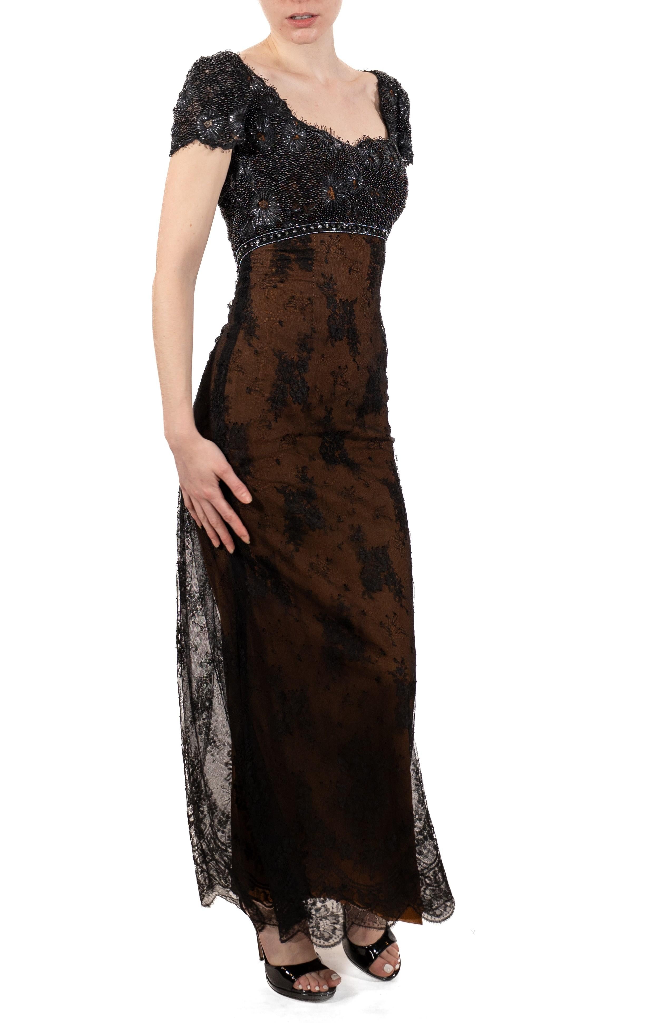 1990S Black Beaded Silk & Lace Edwardian Titanic Inspired Empire Waist Gown Wit For Sale 4