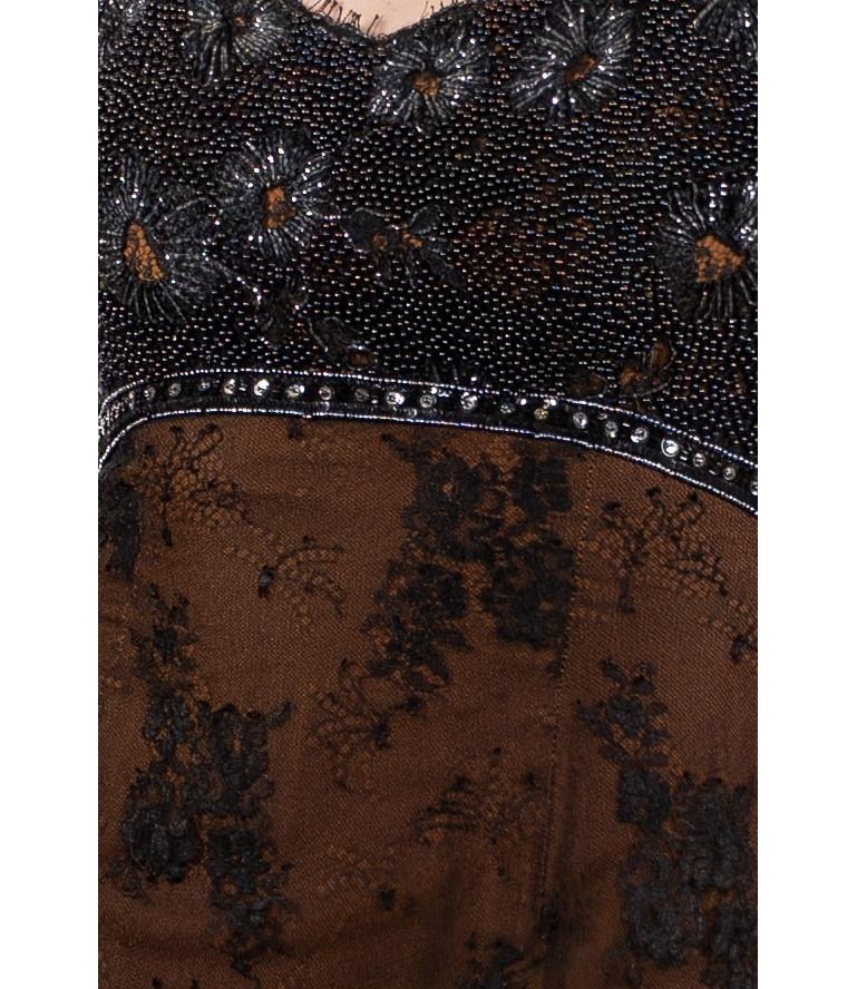 1990S Black Beaded Silk & Lace Edwardian Titanic Inspired Empire Waist Gown Wit For Sale 5