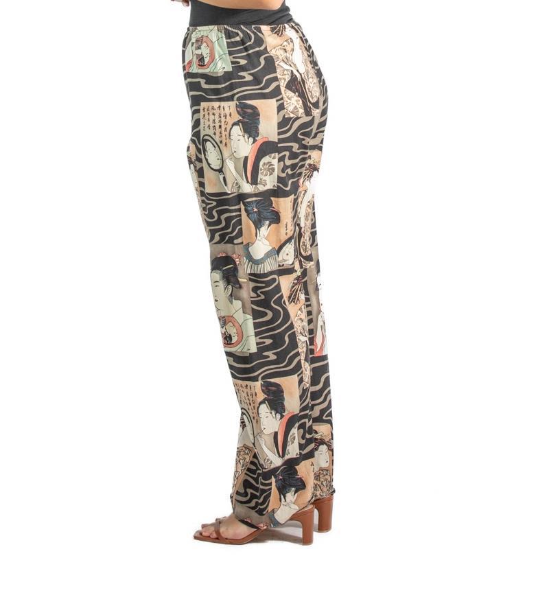 Brown 1990S Black & Beige Rayon Pajama Pants For Sale