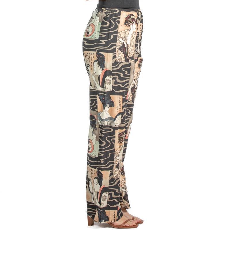 1990S Black & Beige Rayon Pajama Pants In Good Condition For Sale In New York, NY