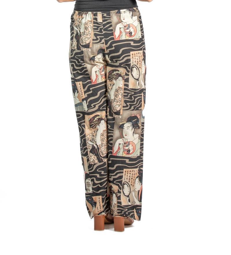 1990S Black & Beige Rayon Pajama Pants For Sale 1
