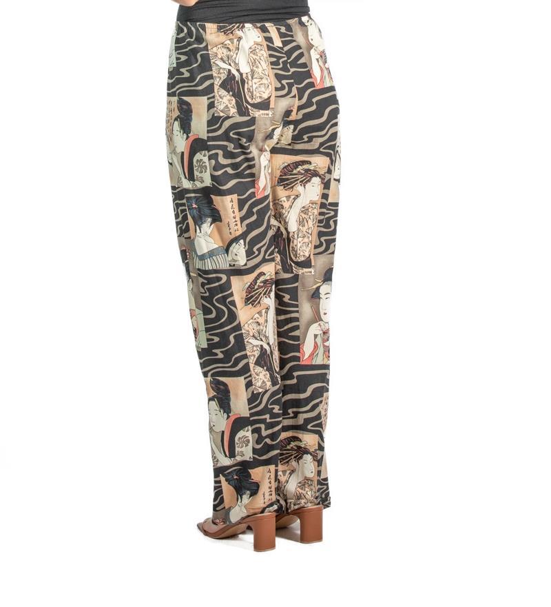 1990S Black & Beige Rayon Pajama Pants For Sale 2