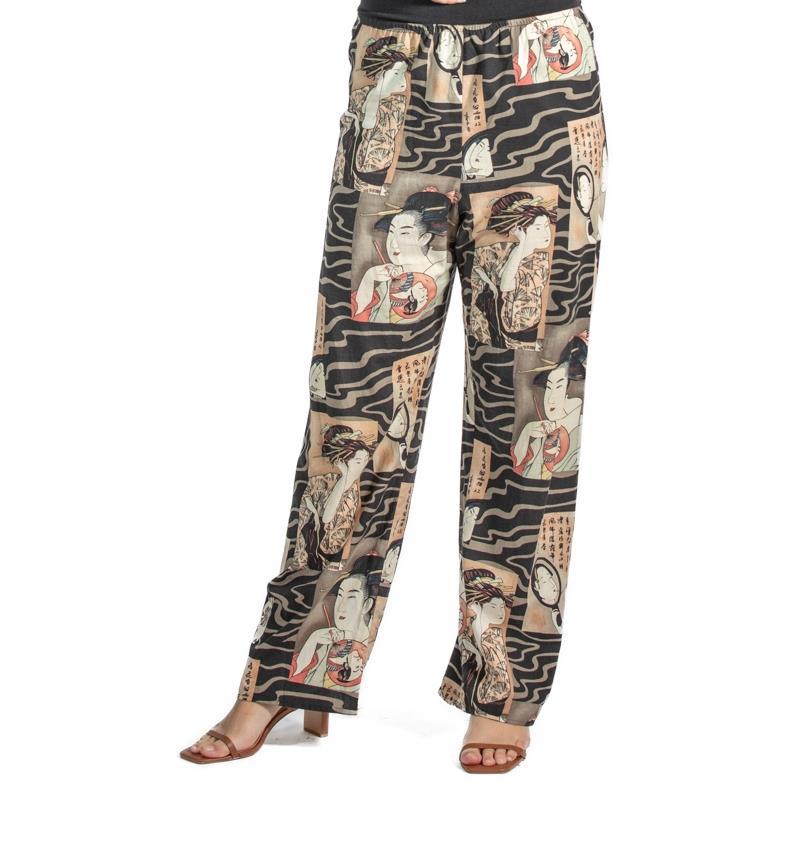 1990S Black & Beige Rayon Pajama Pants For Sale 3