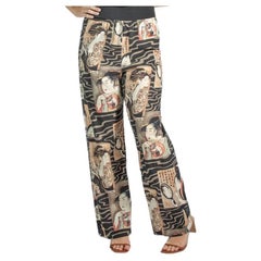 1990S Black & Beige Rayon Pajama Pants