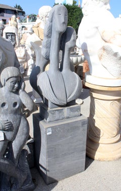 1990s Black Belgium Marble Hand-Carved Abstract Sculpture and Base