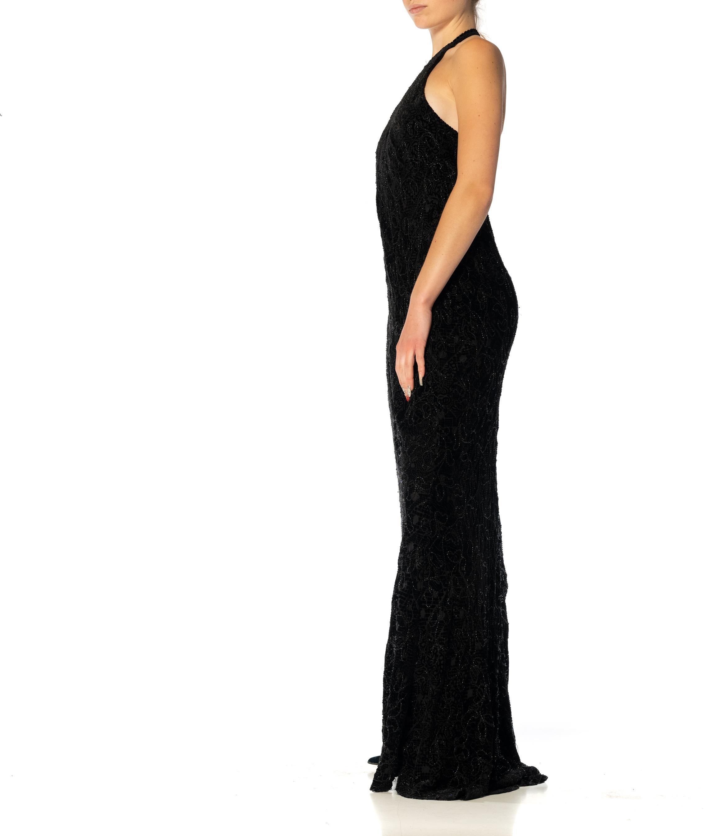 1990S Black Bias Cut Rayon & Silk Burnout Velvet Halter Neck Beaded Gown In Excellent Condition For Sale In New York, NY