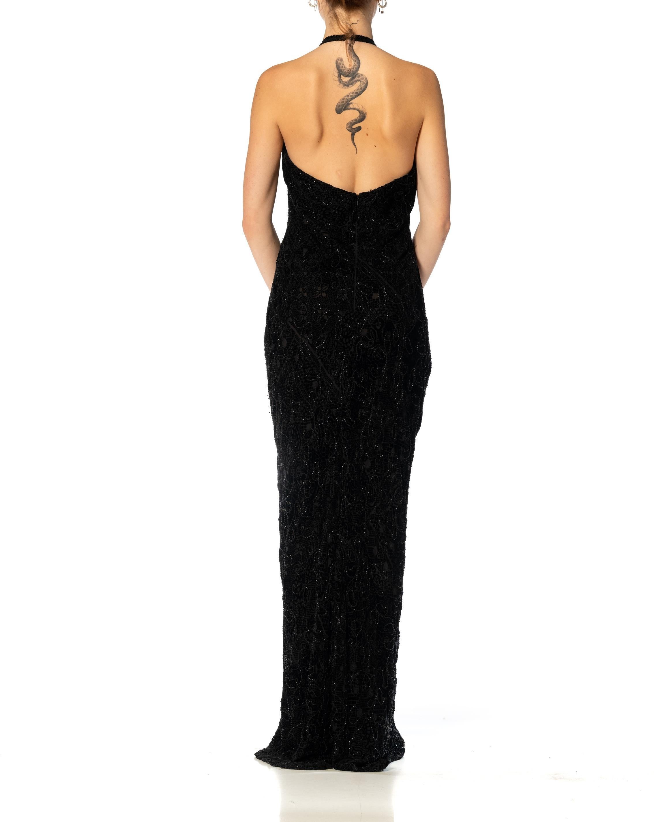 1990S Black Bias Cut Rayon & Silk Burnout Velvet Halter Neck Beaded Gown For Sale 5