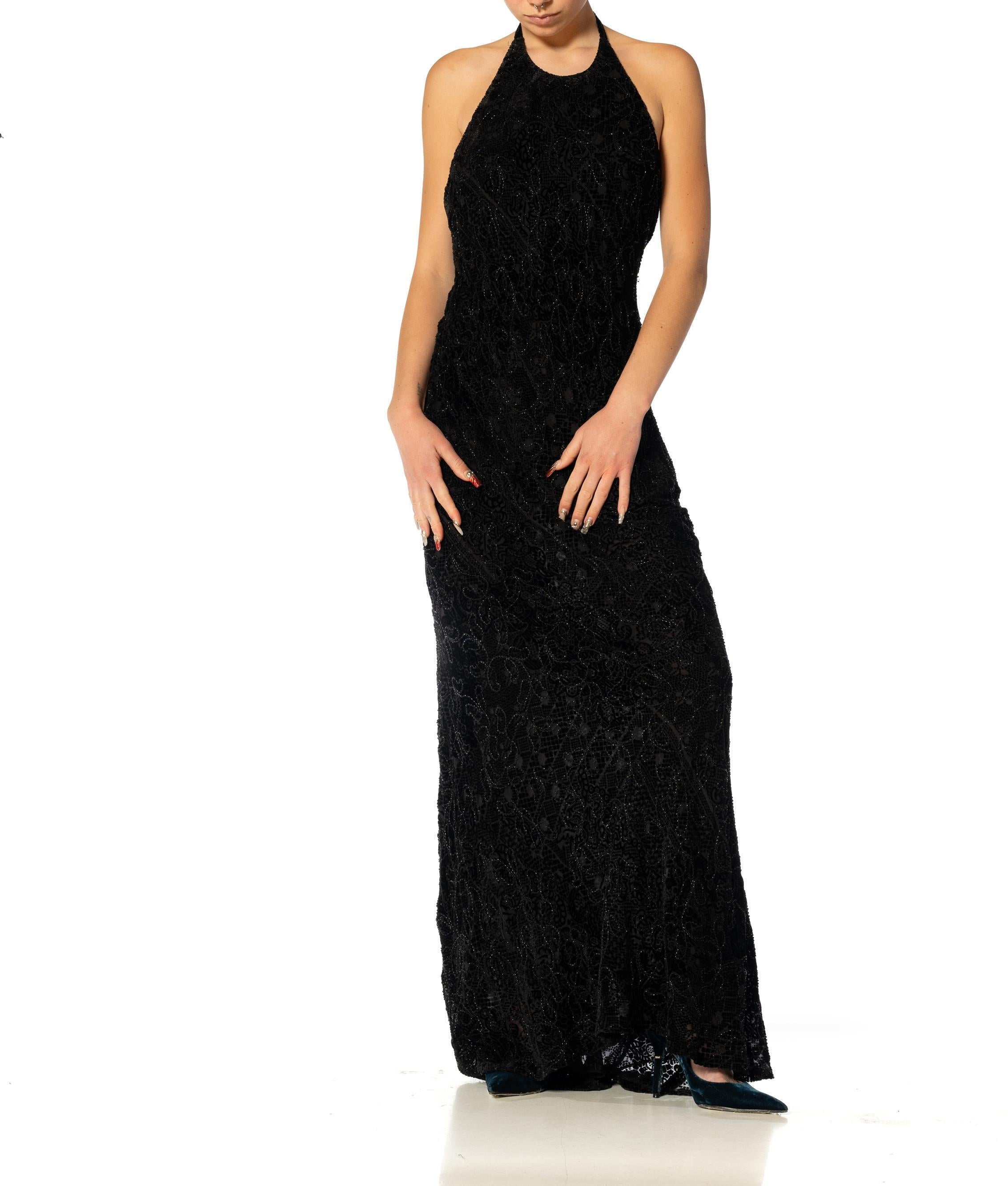 1990S Black Bias Cut Rayon & Silk Burnout Velvet Halter Neck Beaded Gown For Sale 6