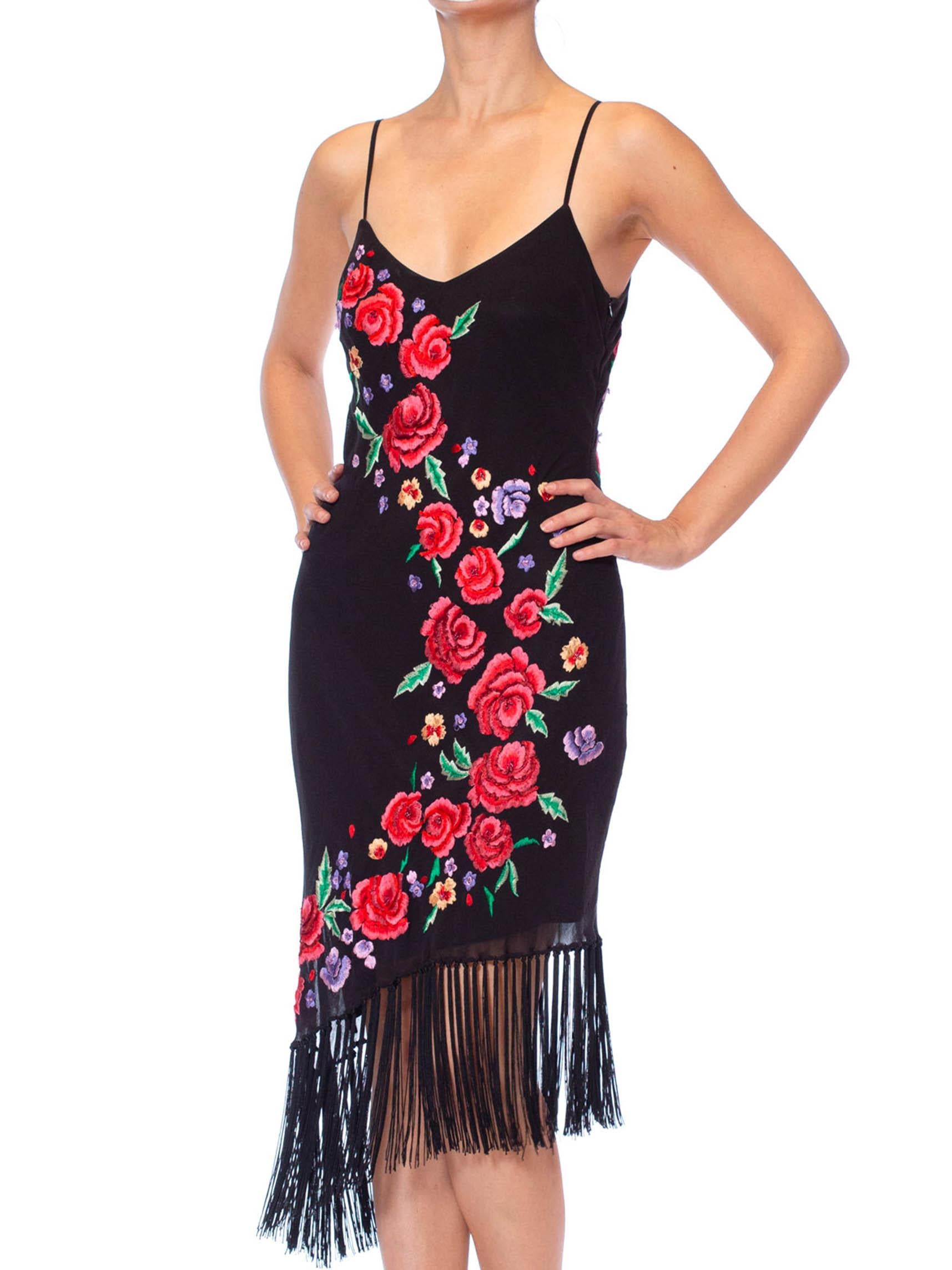 1990S Black Bias Cut Silk Chiffon Floral Embroidered Cocktail Dress With Fringe In Excellent Condition In New York, NY